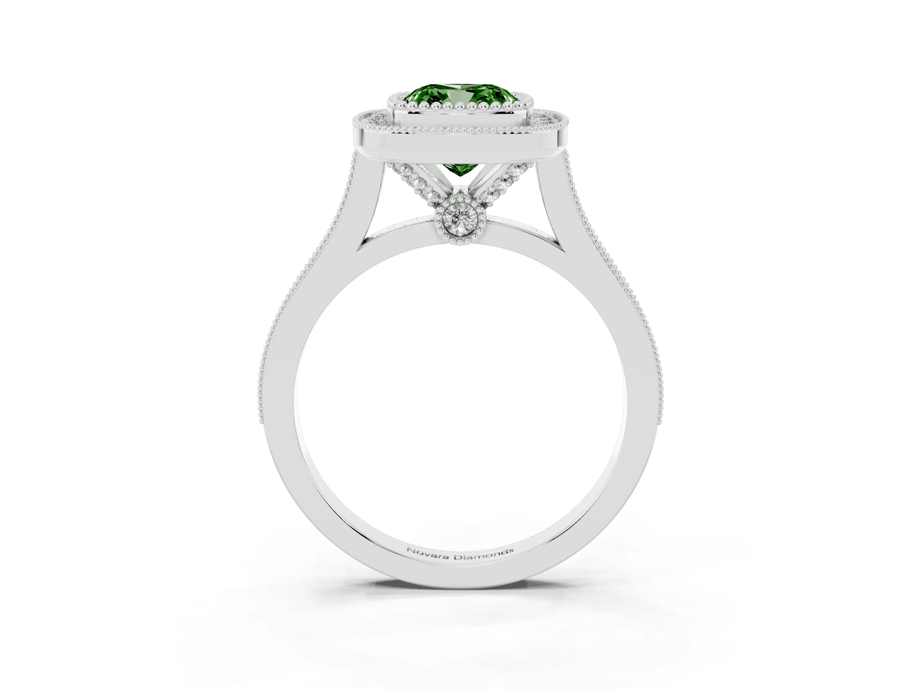 Fancy Green Cushion Cut Diamond Halo Ring Set in Platinum with Milgrain Frame and Pavé Band