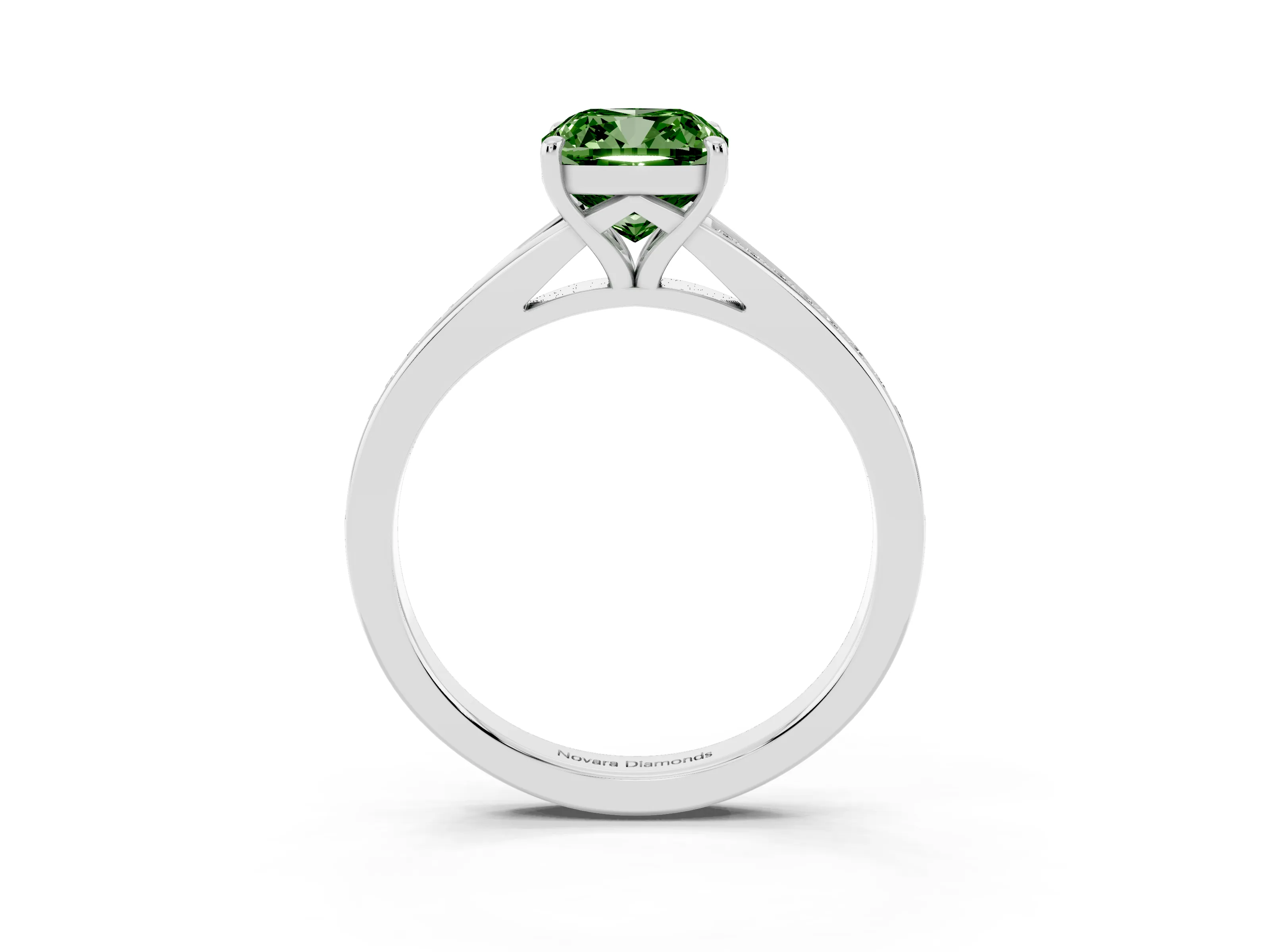 Fancy Green Cushion Cut Diamond Solitaire Ring Set in Silver with Pavé Accent Band and Classic Prong Setting