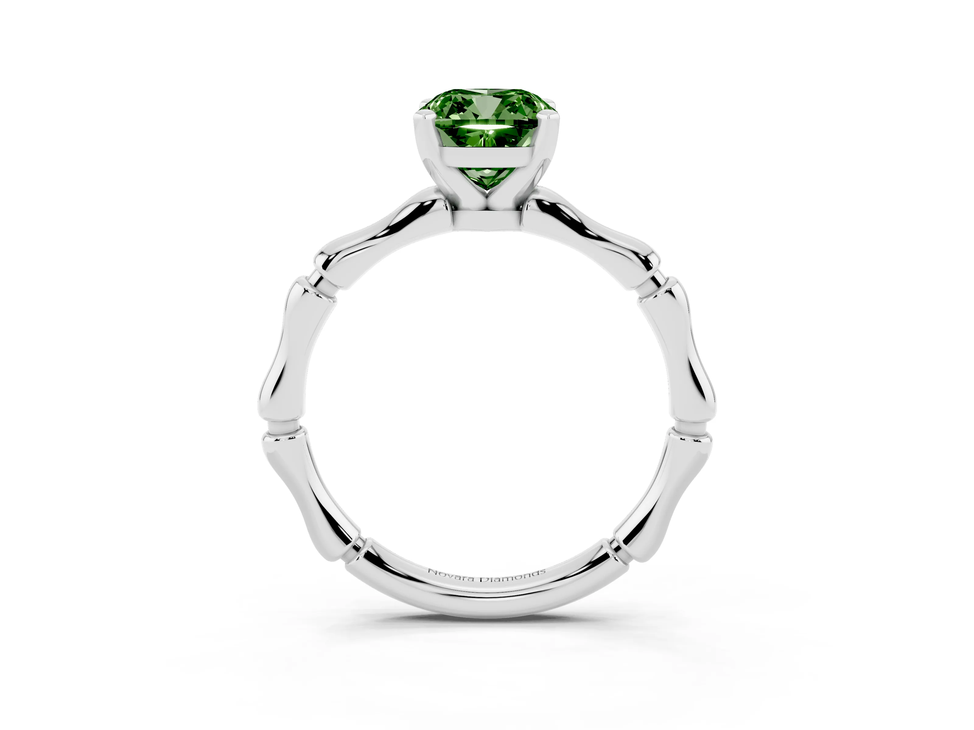 Fancy Green Cushion Cut Diamond Solitaire Ring Set in Silver with Bamboo Band and Prong Setting