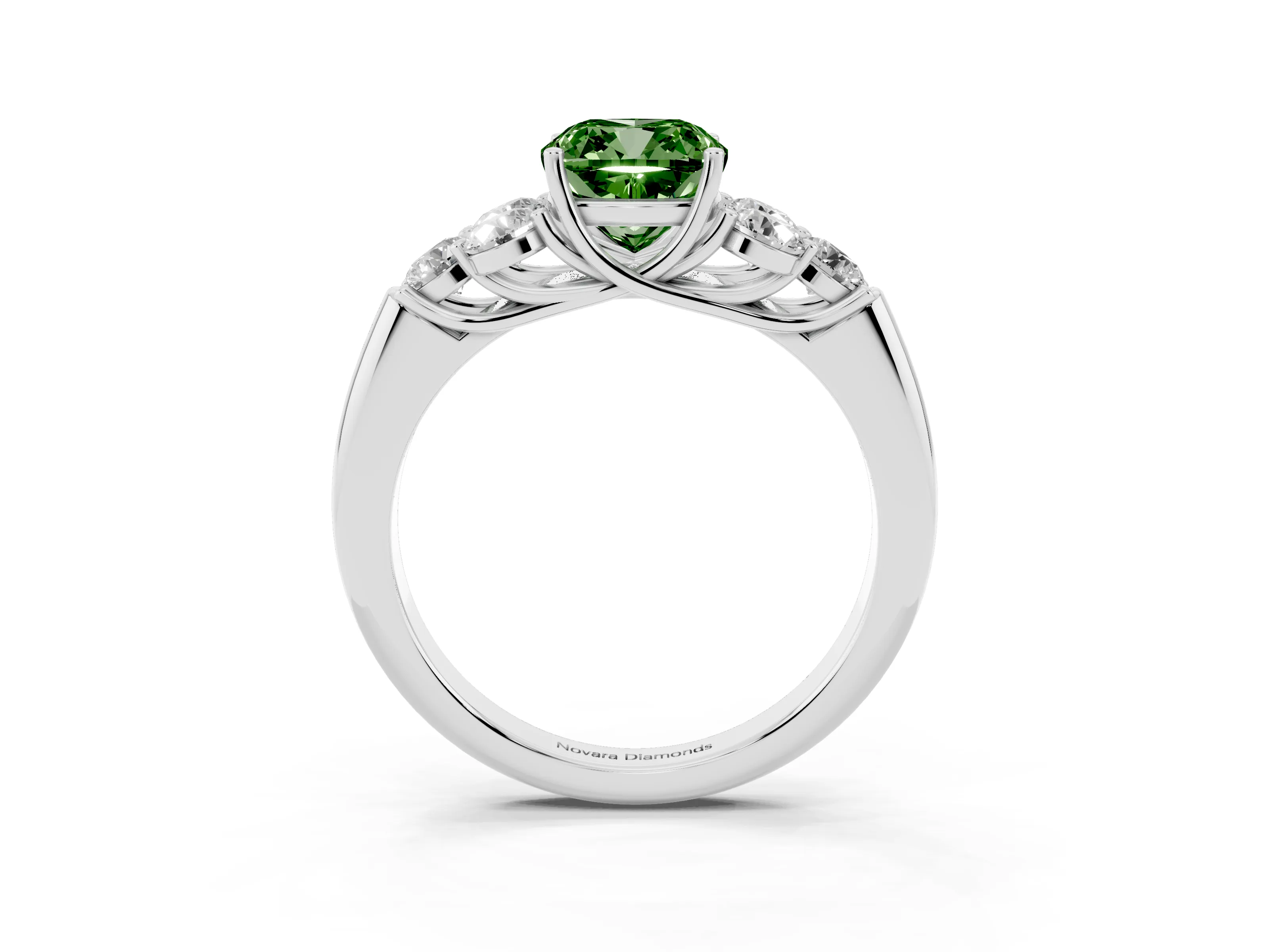 Fancy Green Cushion Cut Diamond Cluster Ring Set in White gold with Round Accent Stones and Prong Setting on a Plain Band