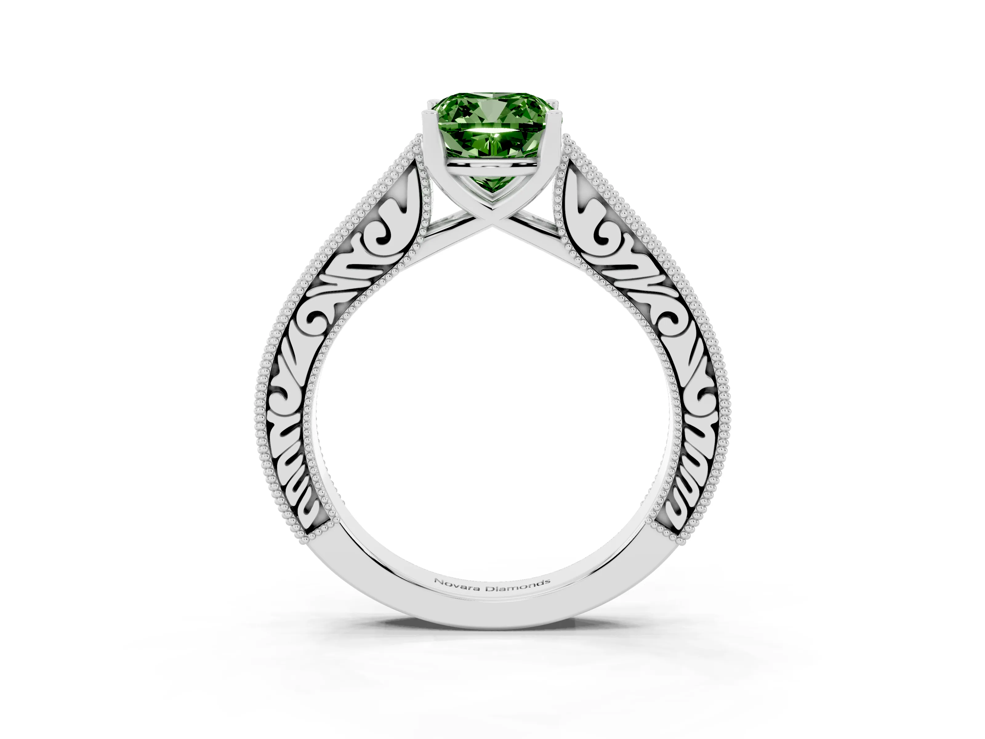 Fancy Green Cushion Cut Diamond Milgrain Pavé Band Solitaire Ring Set in White gold with Prong Setting