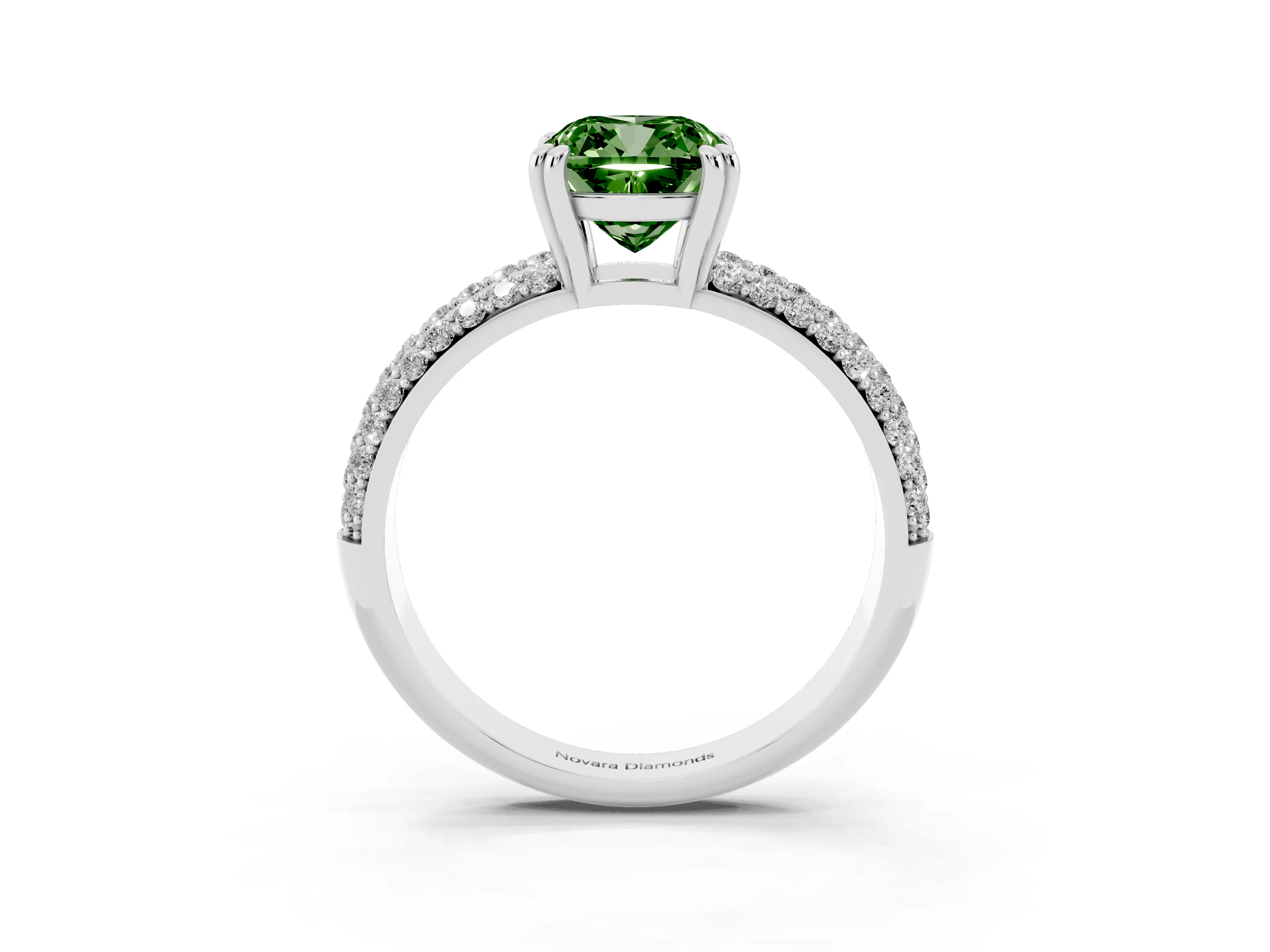 Fancy Green Cushion Cut Diamond Solitaire Ring Set in White gold with Multi-Row Round Pavé Band and Prong Setting