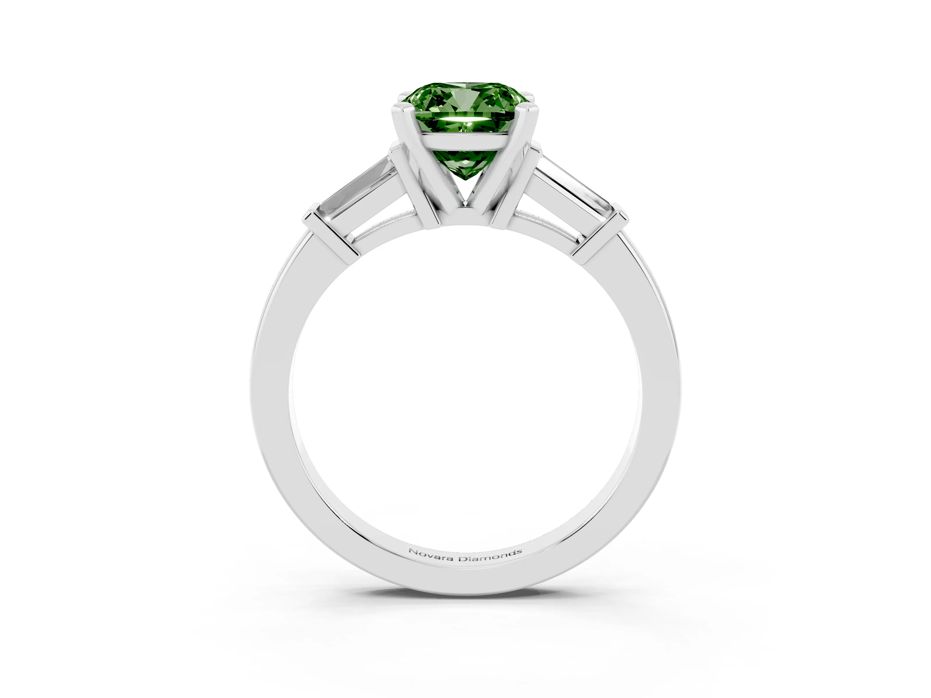 Fancy Green Cushion Cut Diamond Solitaire Ring Set in White gold with Tapered Baguette Accents and Prong Setting