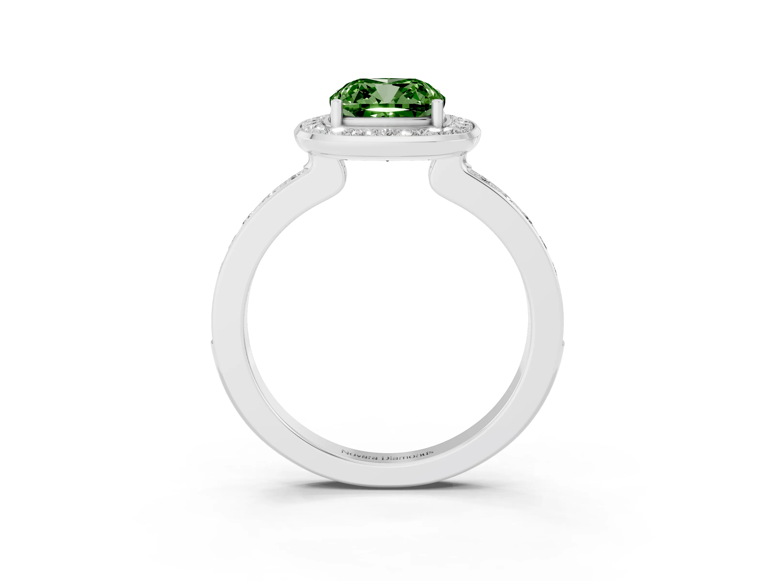Fancy Green Cushion Cut Diamond Halo Ring Set in White gold with Bezel Frame and Pavé Band