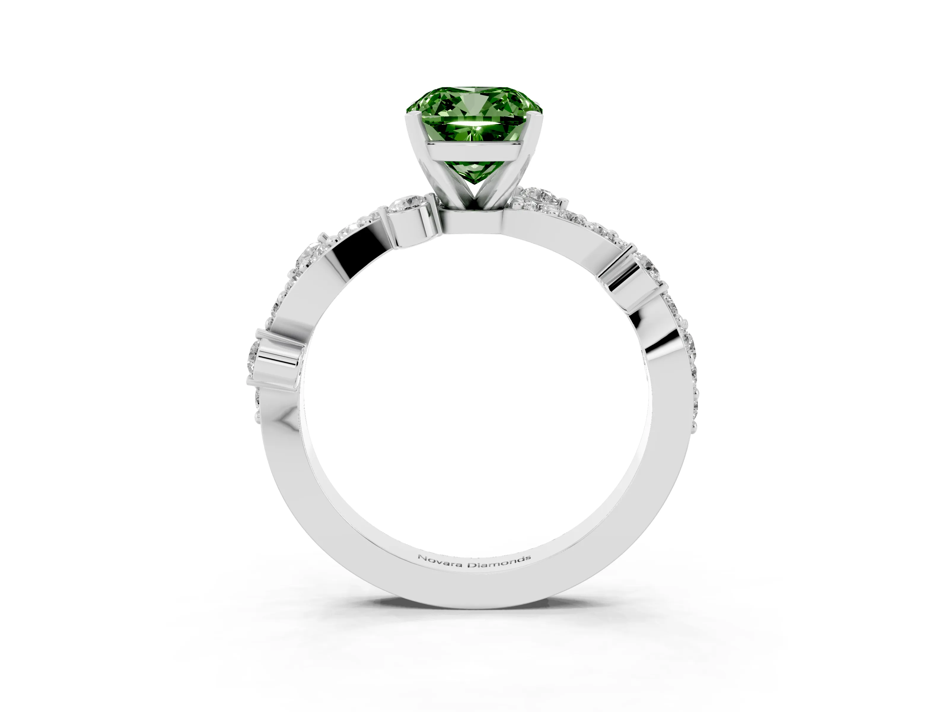 Fancy Green Cushion Cut Diamond Solitaire Twisted Band Set in White gold with Pavé Setting