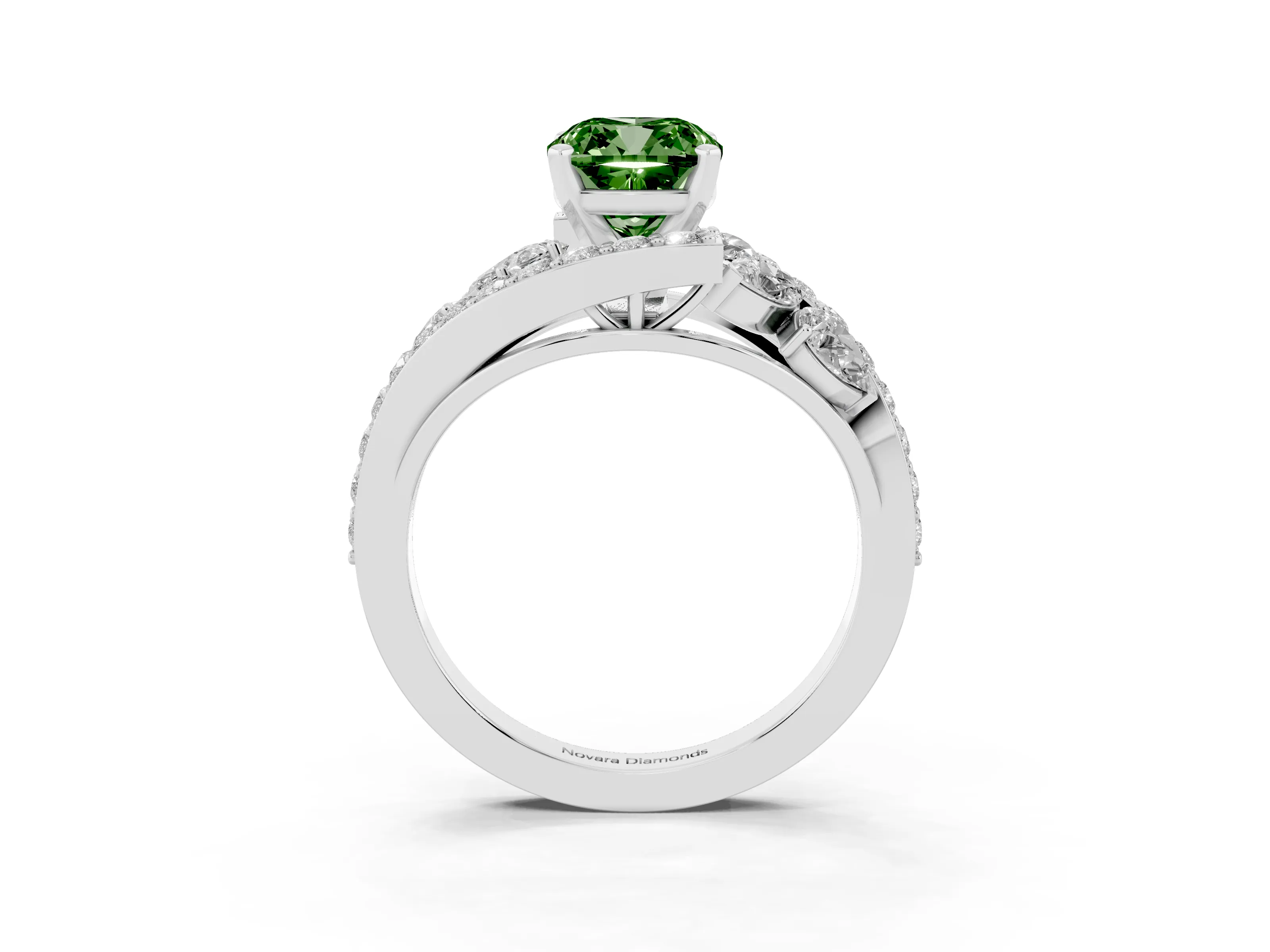 Fancy Green Cushion Cut Diamond Halo Ring Set in Silver with Marquise and Pavé Band in Prong Setting