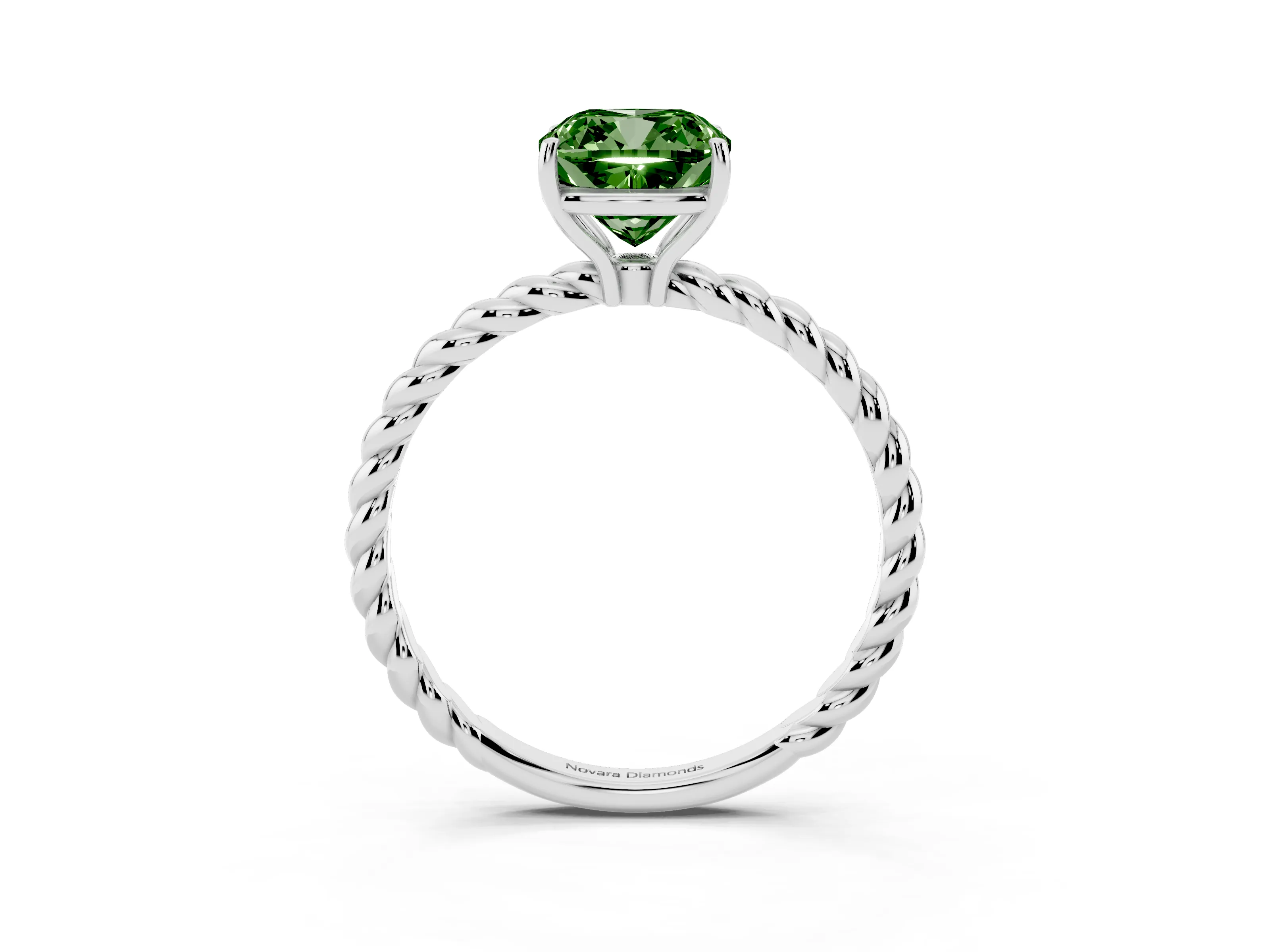 Fancy Green Cushion Cut Diamond Solitaire Ring Set in White gold with Twist Band and Prong Setting