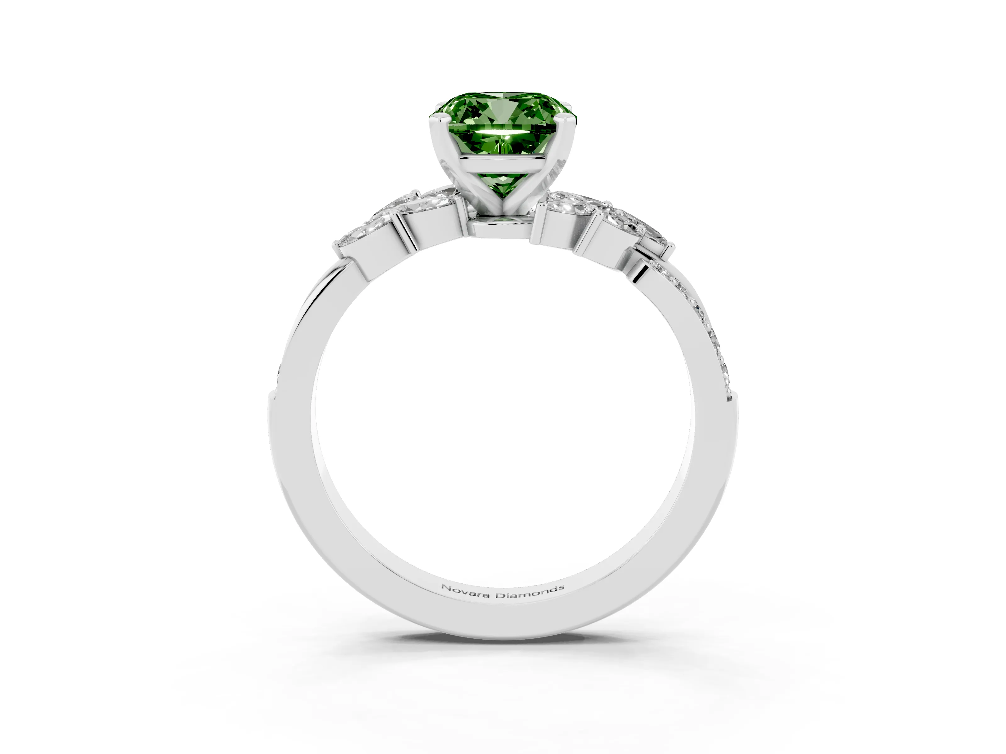 Fancy Green Cushion Cut Diamond Solitaire Ring Set in White gold with Marquise Twist Band and Prong Setting