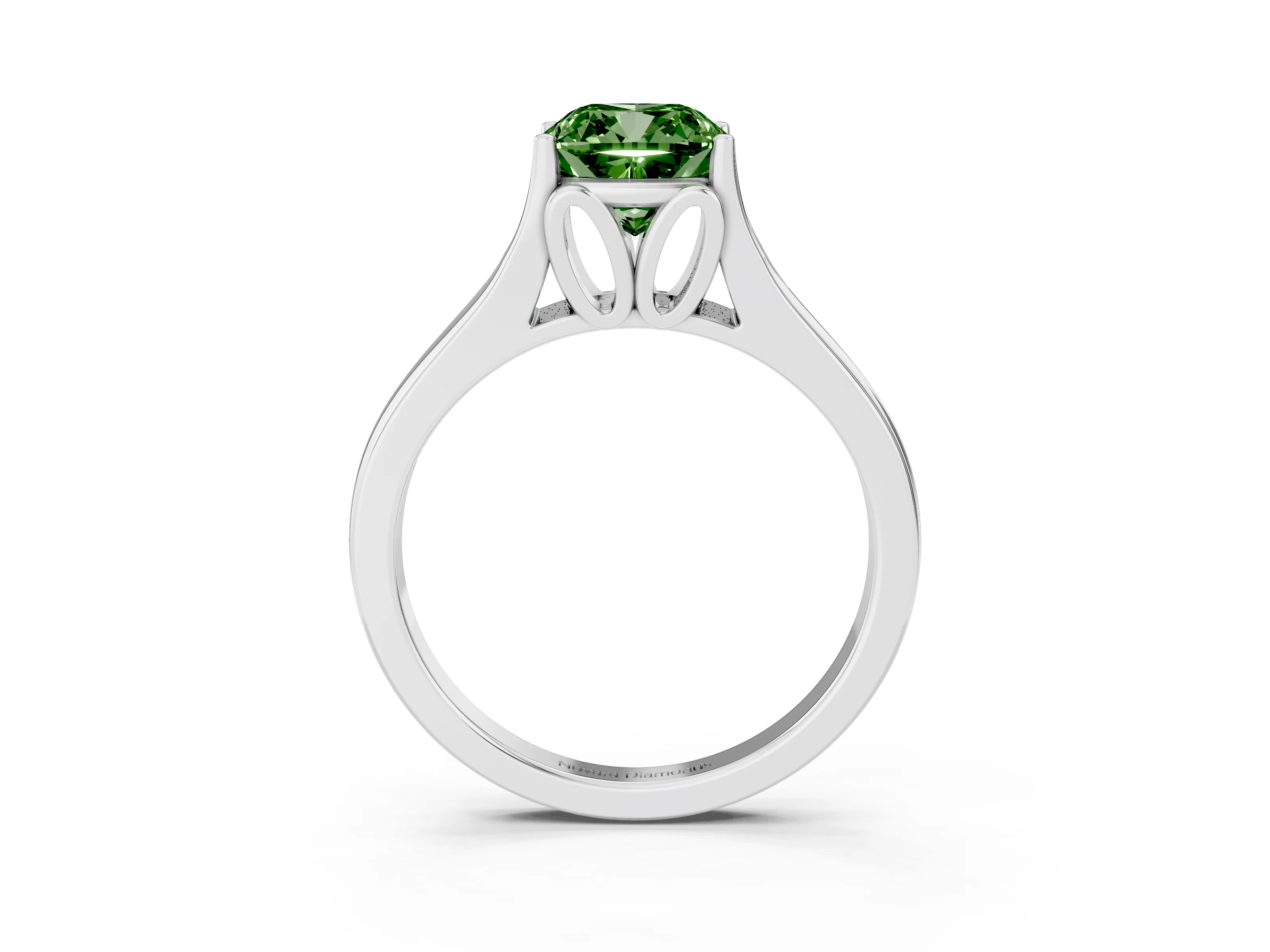 Fancy Green Cushion Cut Diamond Solitaire Ring Set in White gold with Arched Cathedral Band and Prong Setting