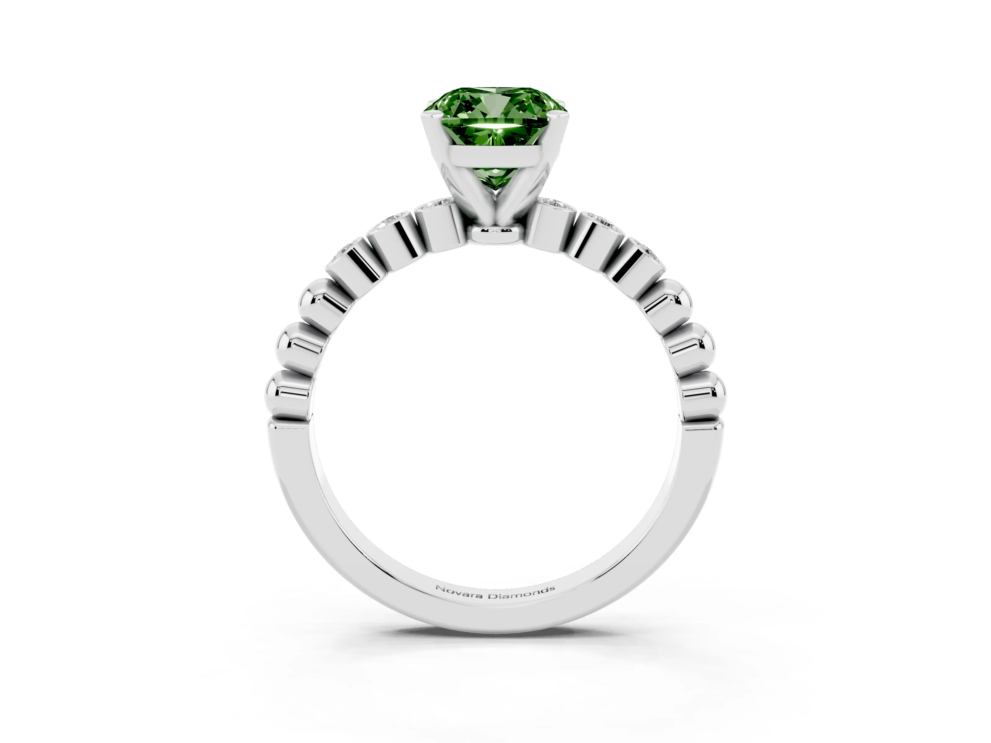 Fancy Green Cushion Cut Diamond Solitaire Engagement Ring Set in Platinum with Bezel Accents on Beaded Band