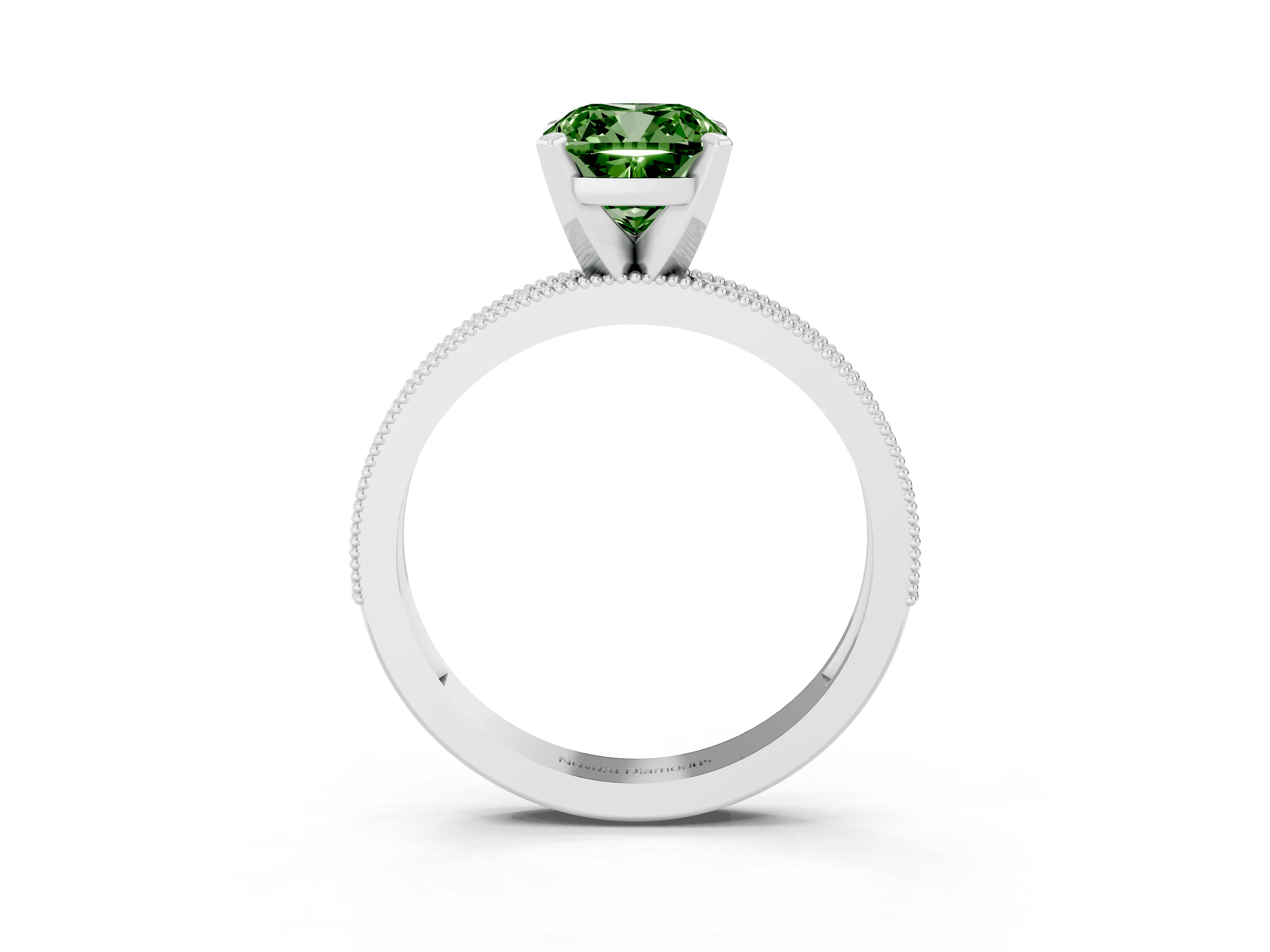 Fancy Green Cushion Cut Diamond Milgrain Pavé Engagement Ring Set in White gold with Prong Setting