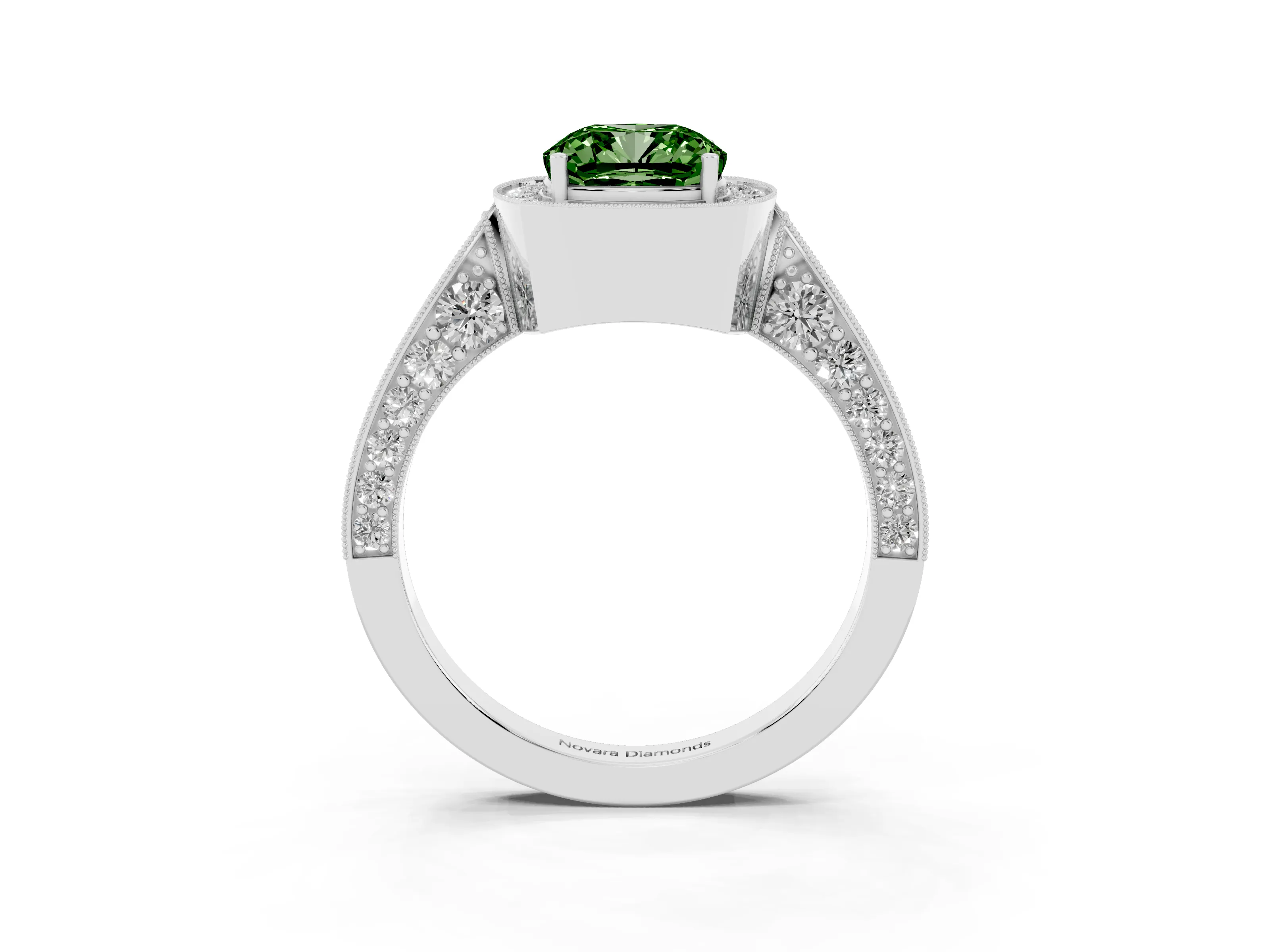 Fancy Green Cushion Cut Diamond Halo Engagement Ring Set in Platinum with Accent Split Shank Band