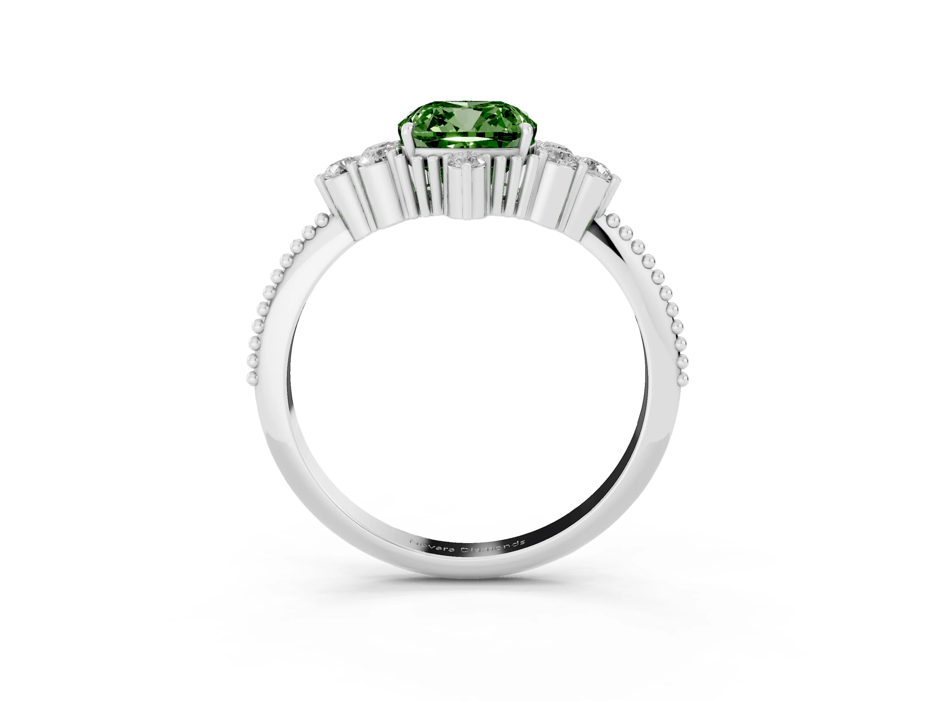 Fancy Green Cushion Cut Diamond Cluster Ring Set in Silver with Beaded Band
