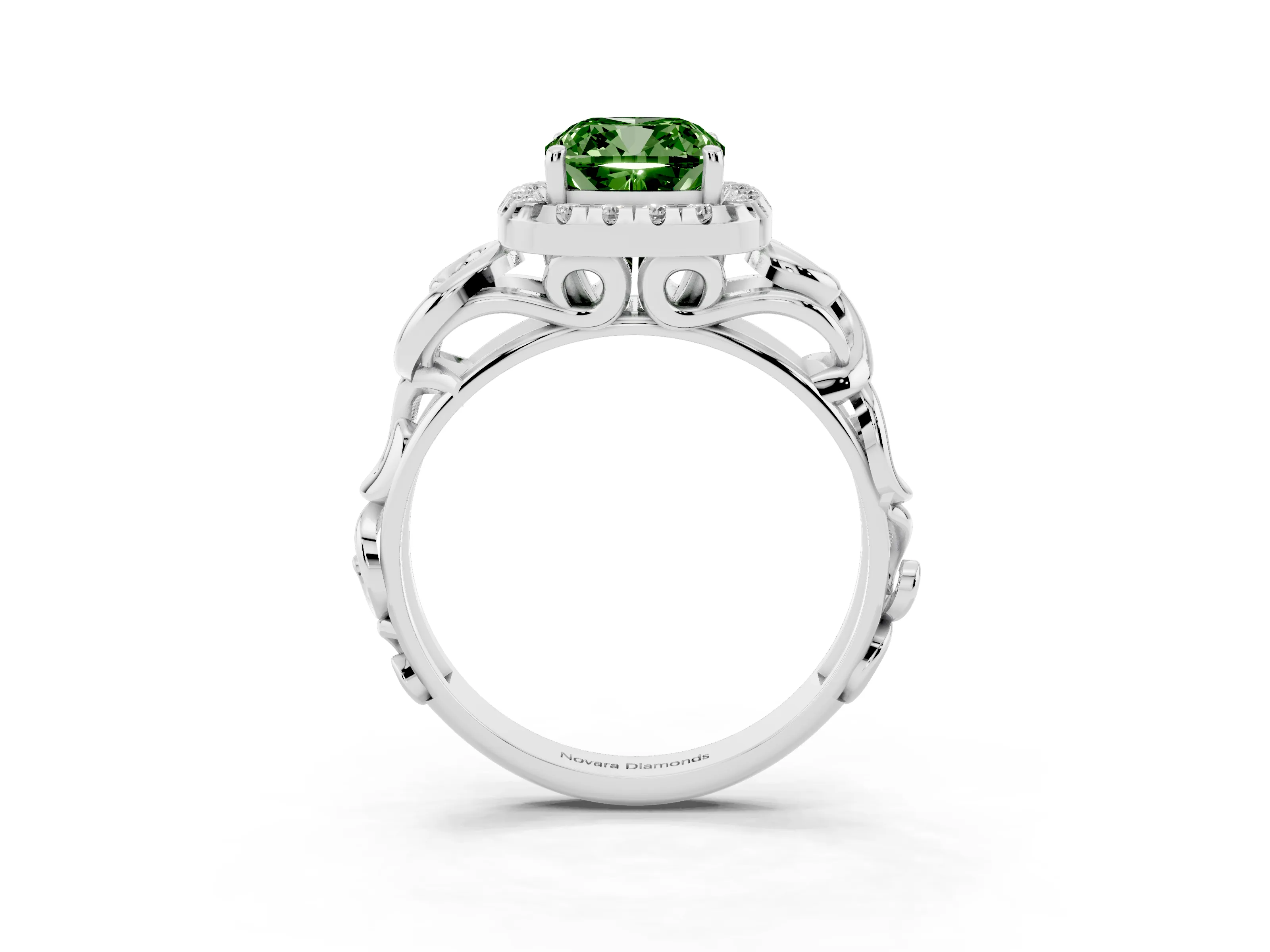 Fancy Green Cushion Cut Diamond Halo Ring Set in Platinum with Scrollwork Band and Prong Setting
