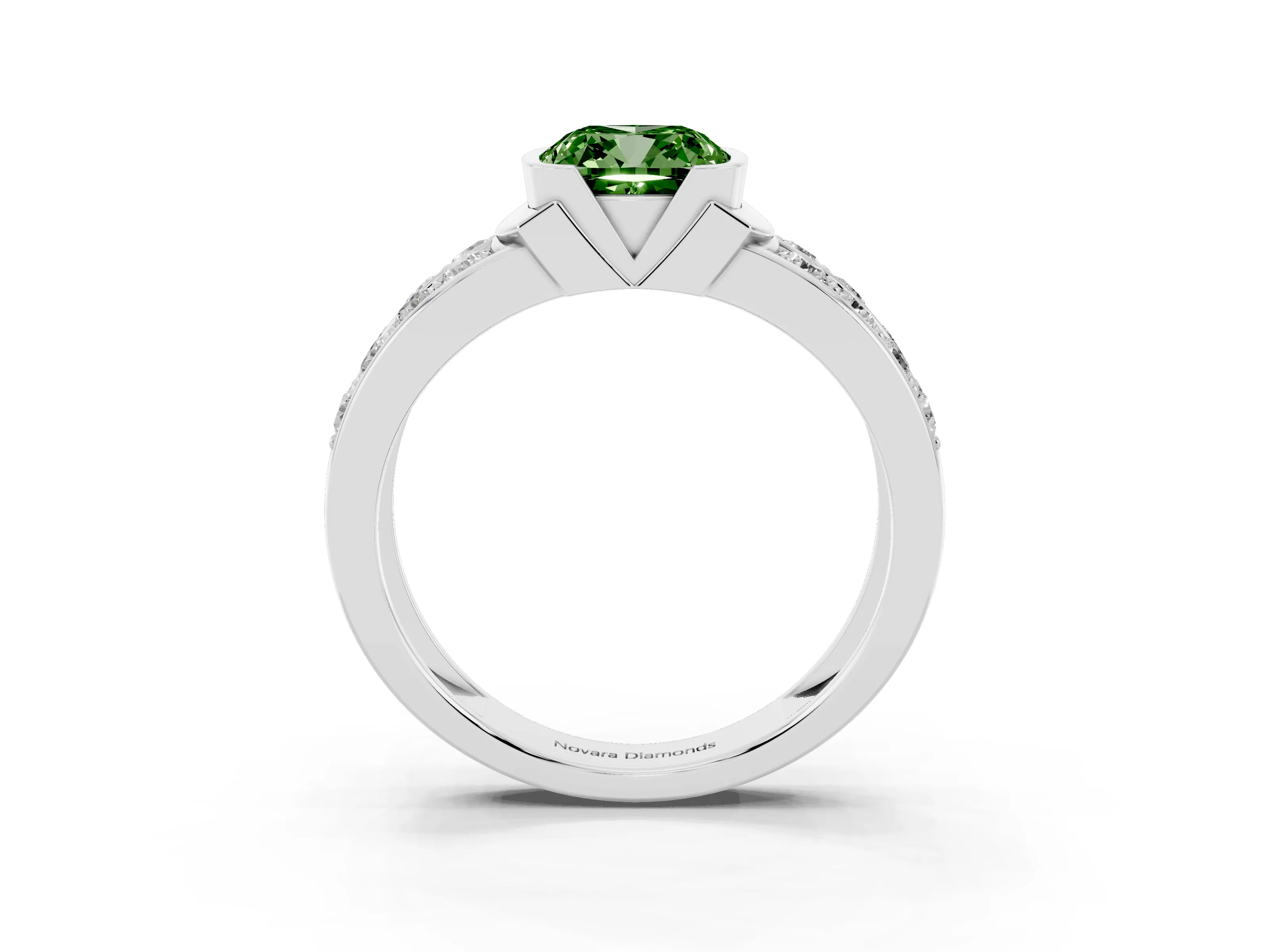 Fancy Green Cushion Cut Diamond Wide Channel Set Band Ring Set in Silver with Bezel Setting