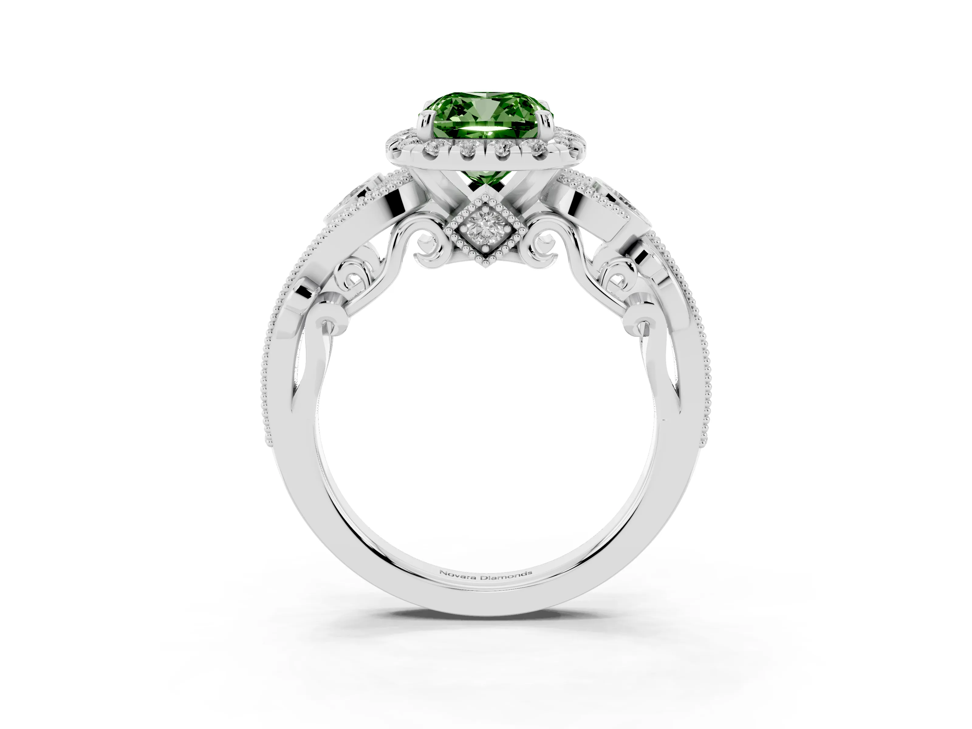Fancy Green Cushion Cut Diamond Halo Ring Set in White gold with Milgrain Pavé Band and Prong Setting