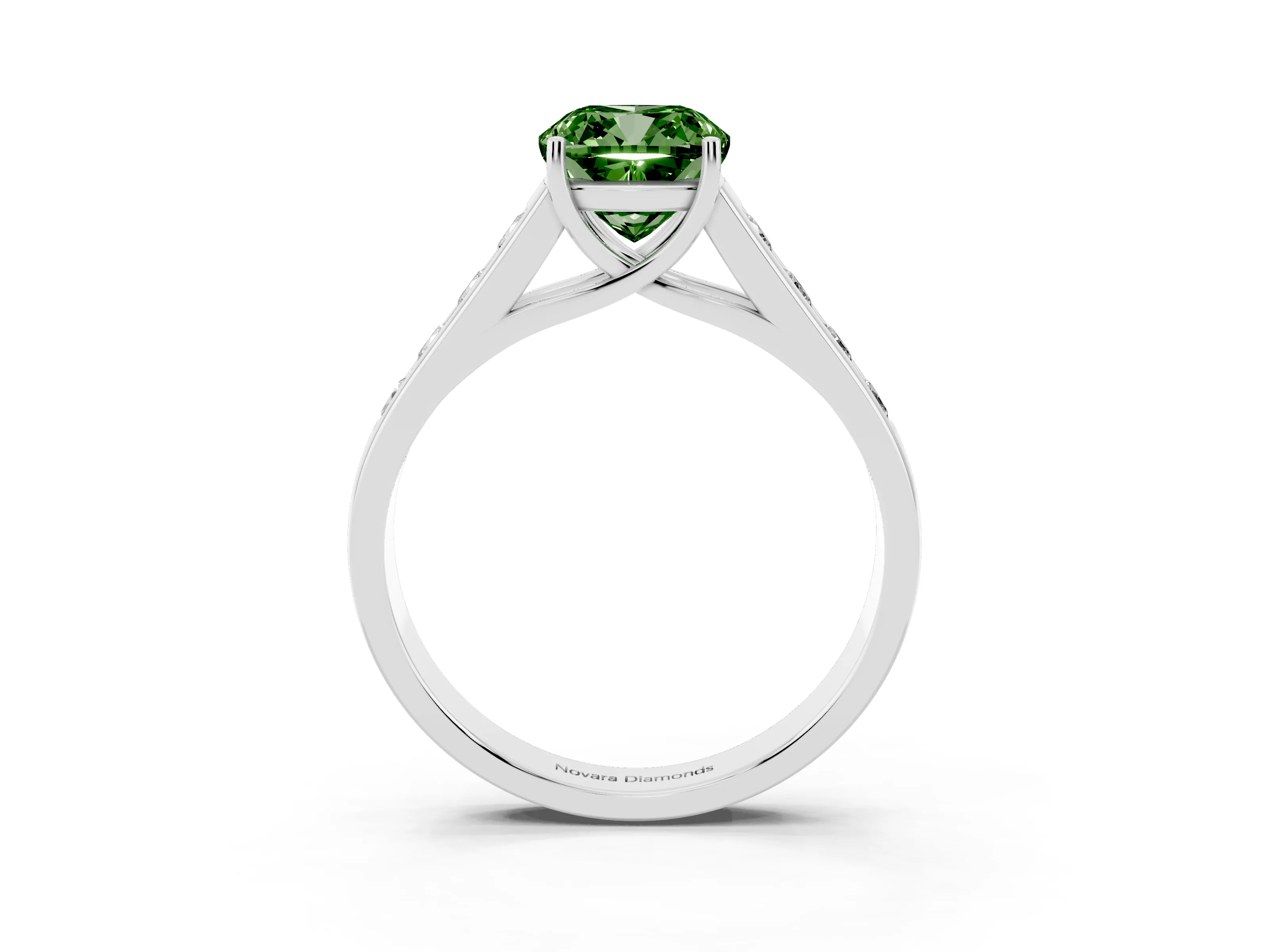Fancy Green Cushion Cut Diamond Brilliant Channel-Set Solitaire Ring Set in Silver with Prong Setting