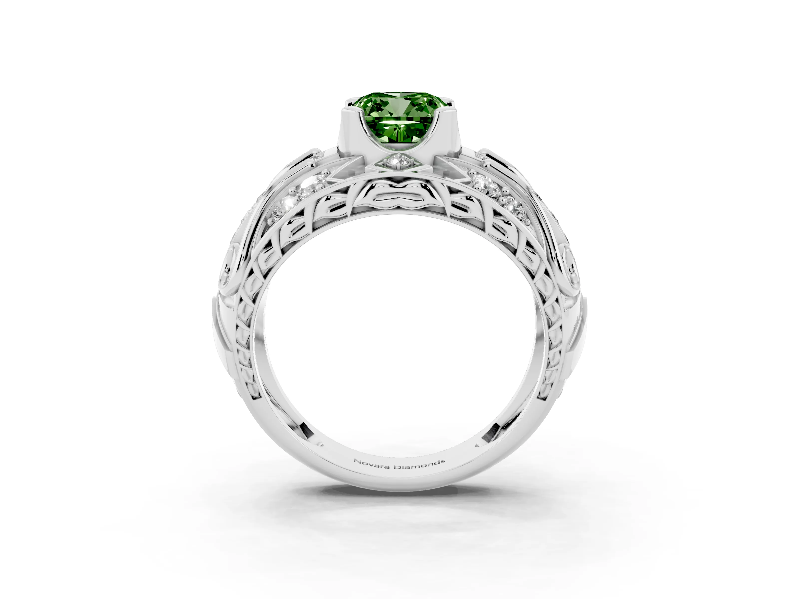 Fancy Green Cushion Cut Diamond Art Deco Ring Set in Platinum with Pavé Split Shank