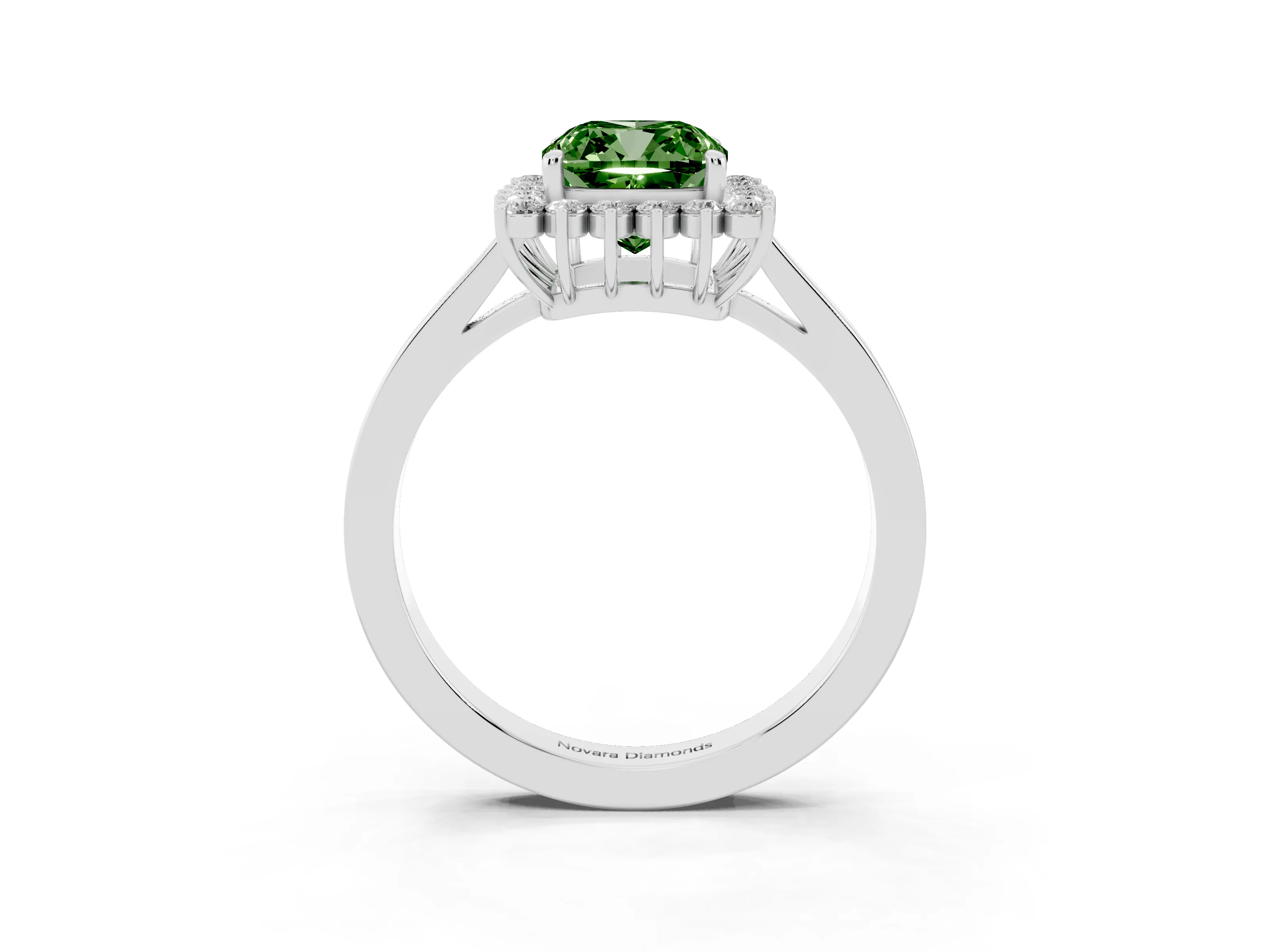 Fancy Green Cushion Cut Diamond Halo Ring Set in White gold with Round Halo and Smooth Solitaire Band