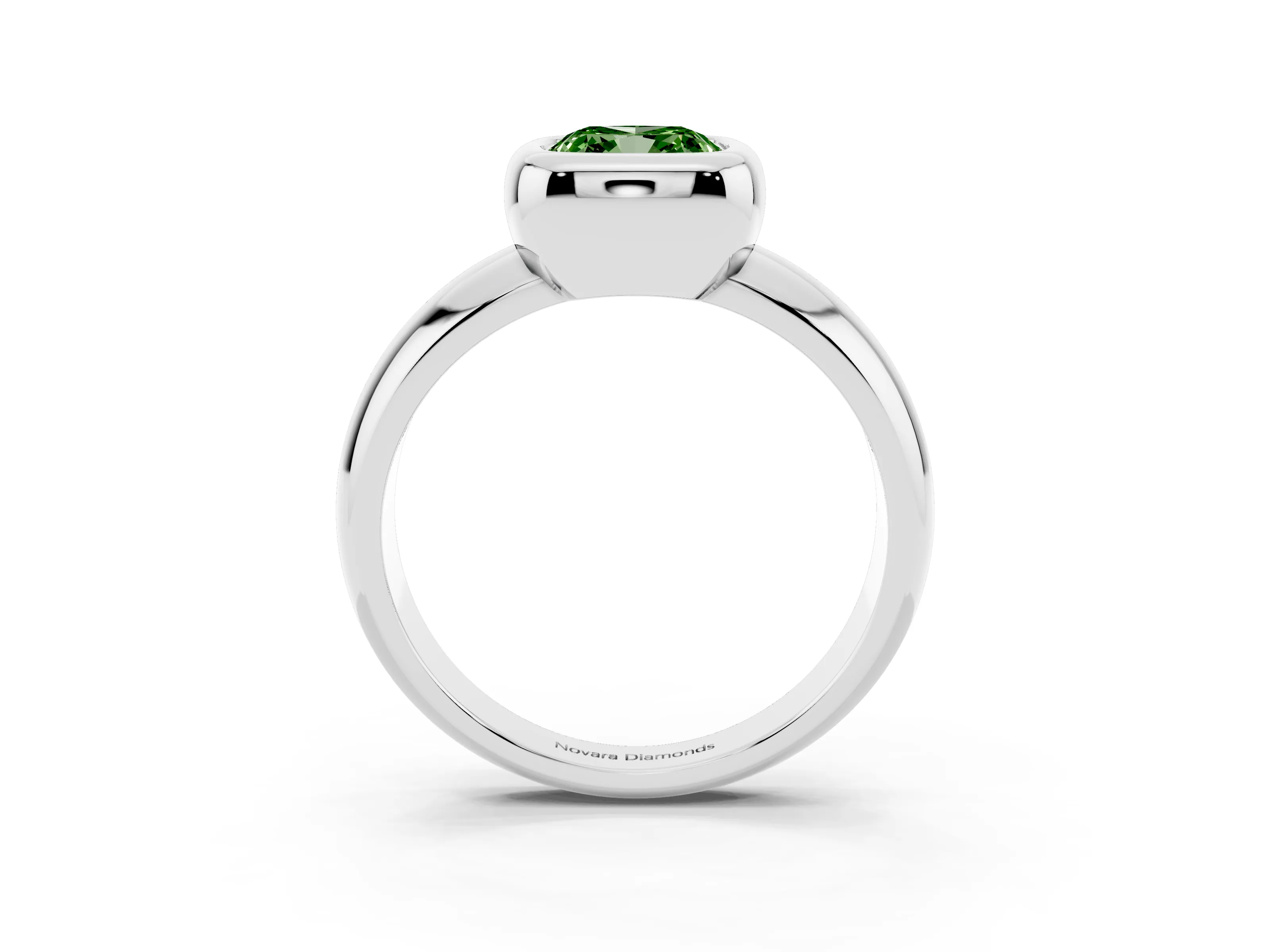 Fancy Green Bezel Set Cushion Cut Diamond Solitaire Ring Set in Silver with Wide Band