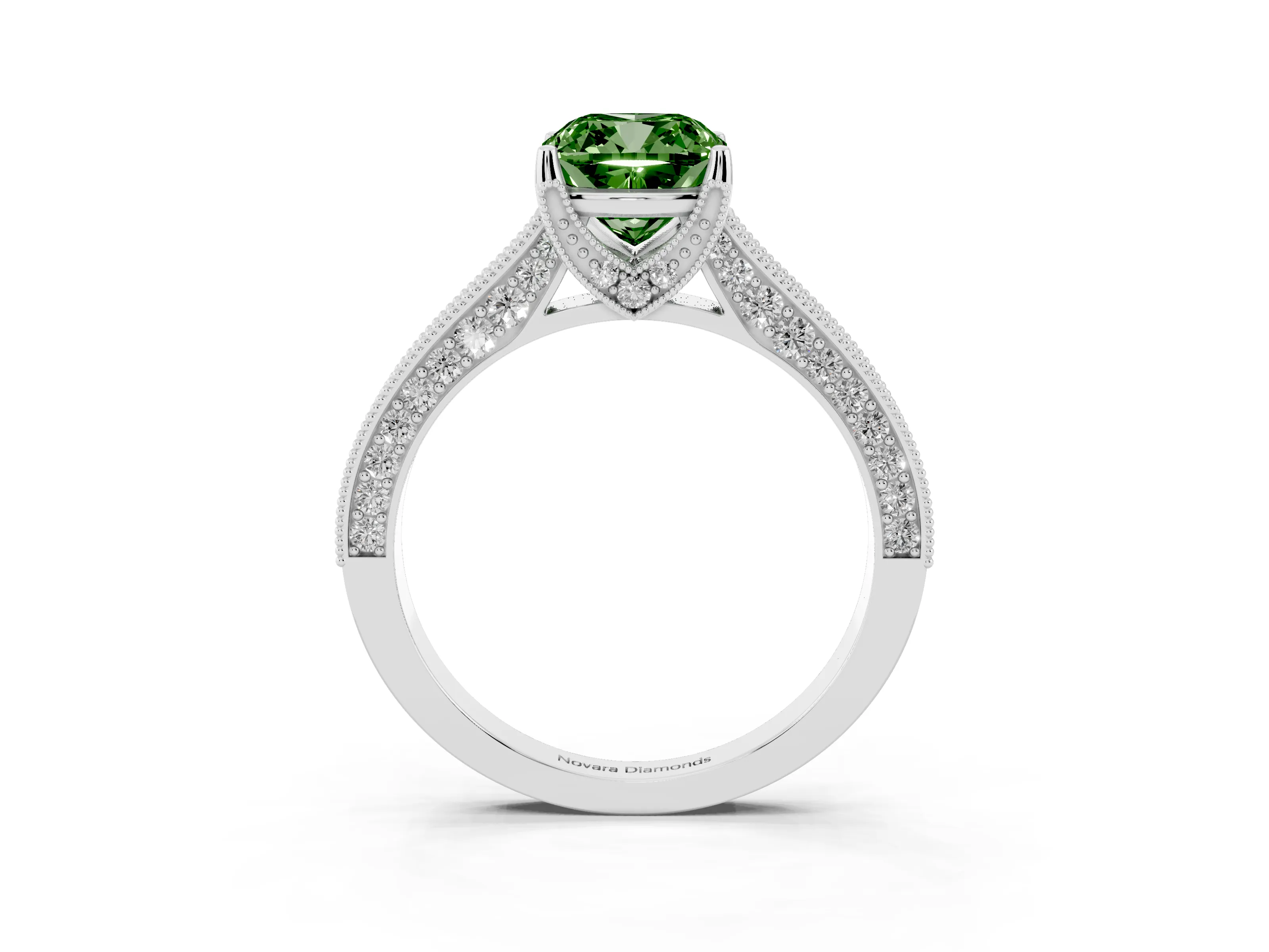 Fancy Green Cushion Cut Diamond Solitaire Ring Set in Silver with Milgrain-Edged Pavé Band and Prong Setting
