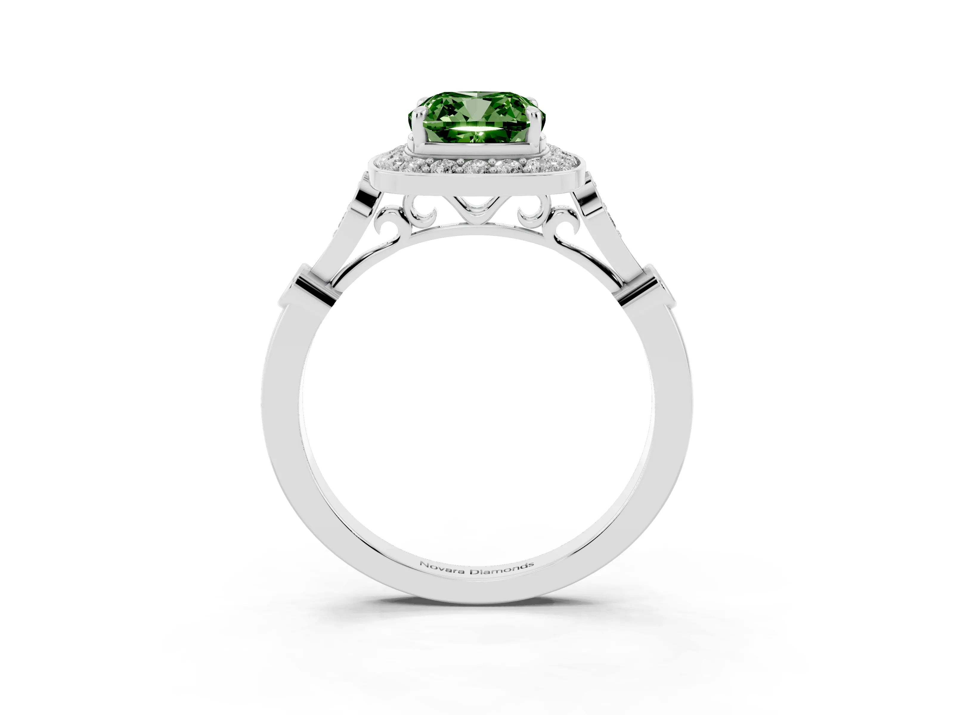 Fancy Green Cushion Cut Diamond Halo Engagement Ring Set in Silver with Twisted Band and Prong Setting