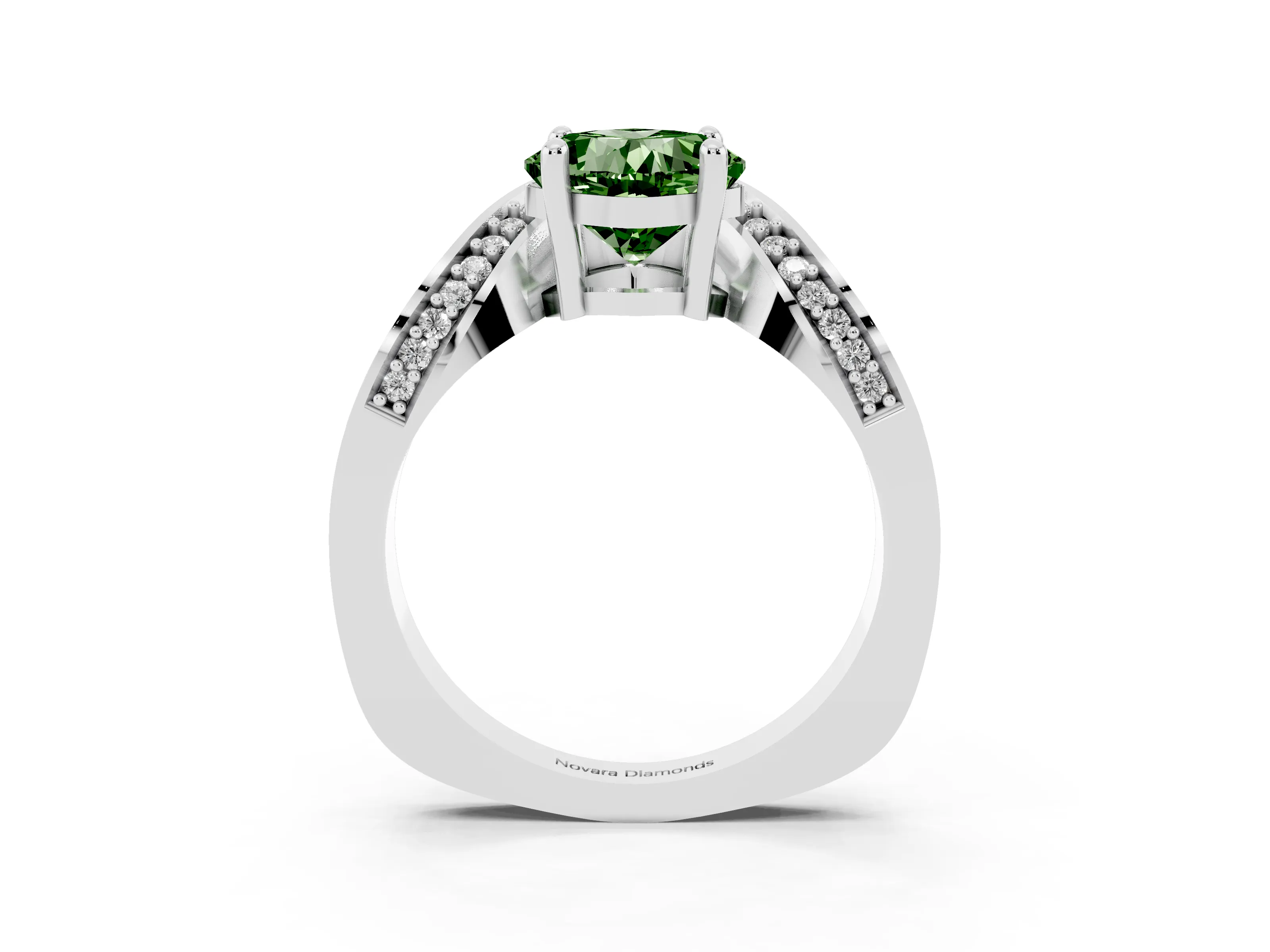Fancy Green Cushion Cut Diamond Solitaire Engagement Ring Set in White gold with Pavé Shoulders