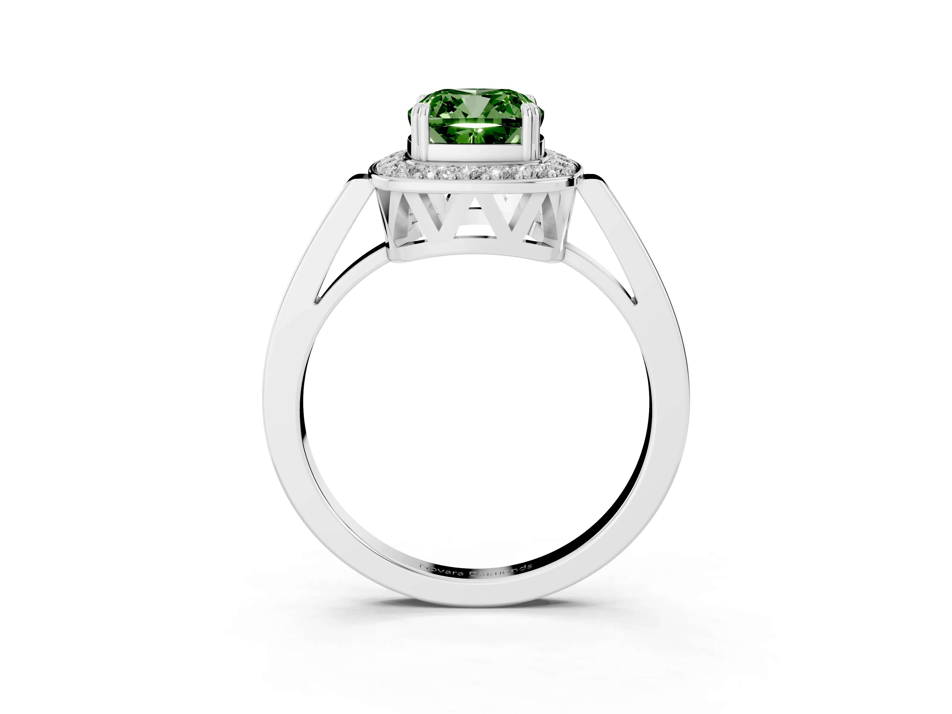 Fancy Green Cushion Cut Diamond Halo Ring Set in Silver with Accent-Lined Split Shank and Prong Setting