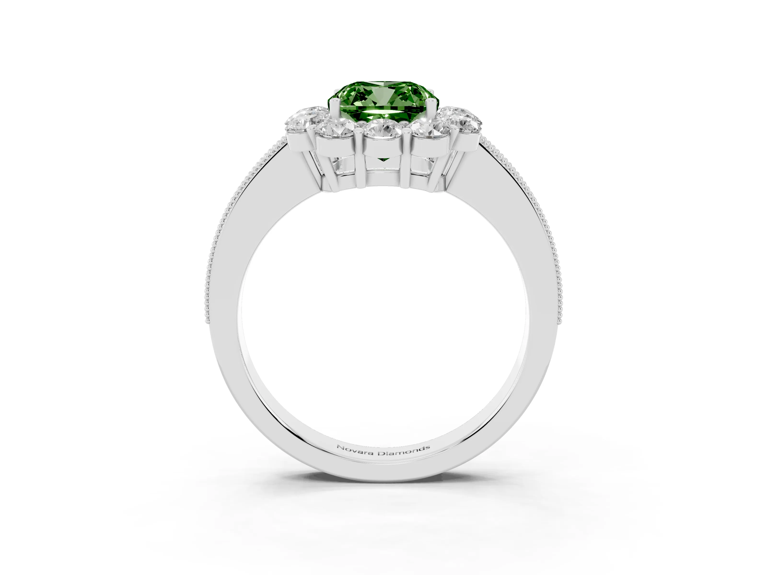 Fancy Green Cushion Cut Diamond Halo Pavé Engagement Ring Set in Silver with Milgrain Detailing