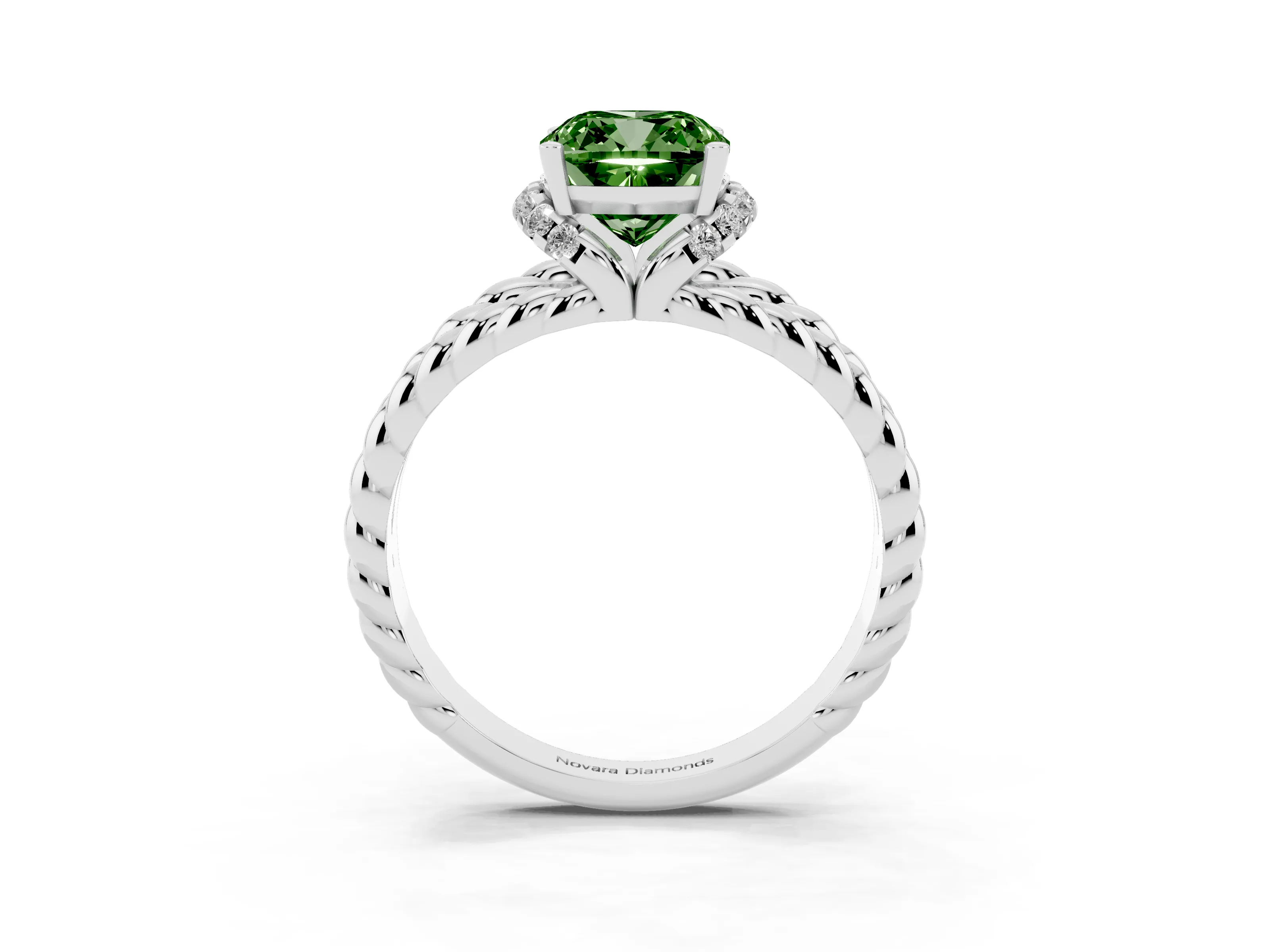 Fancy Green Cushion Cut Diamond Halo Ring Set in Platinum with Twisted Band and Prong Setting