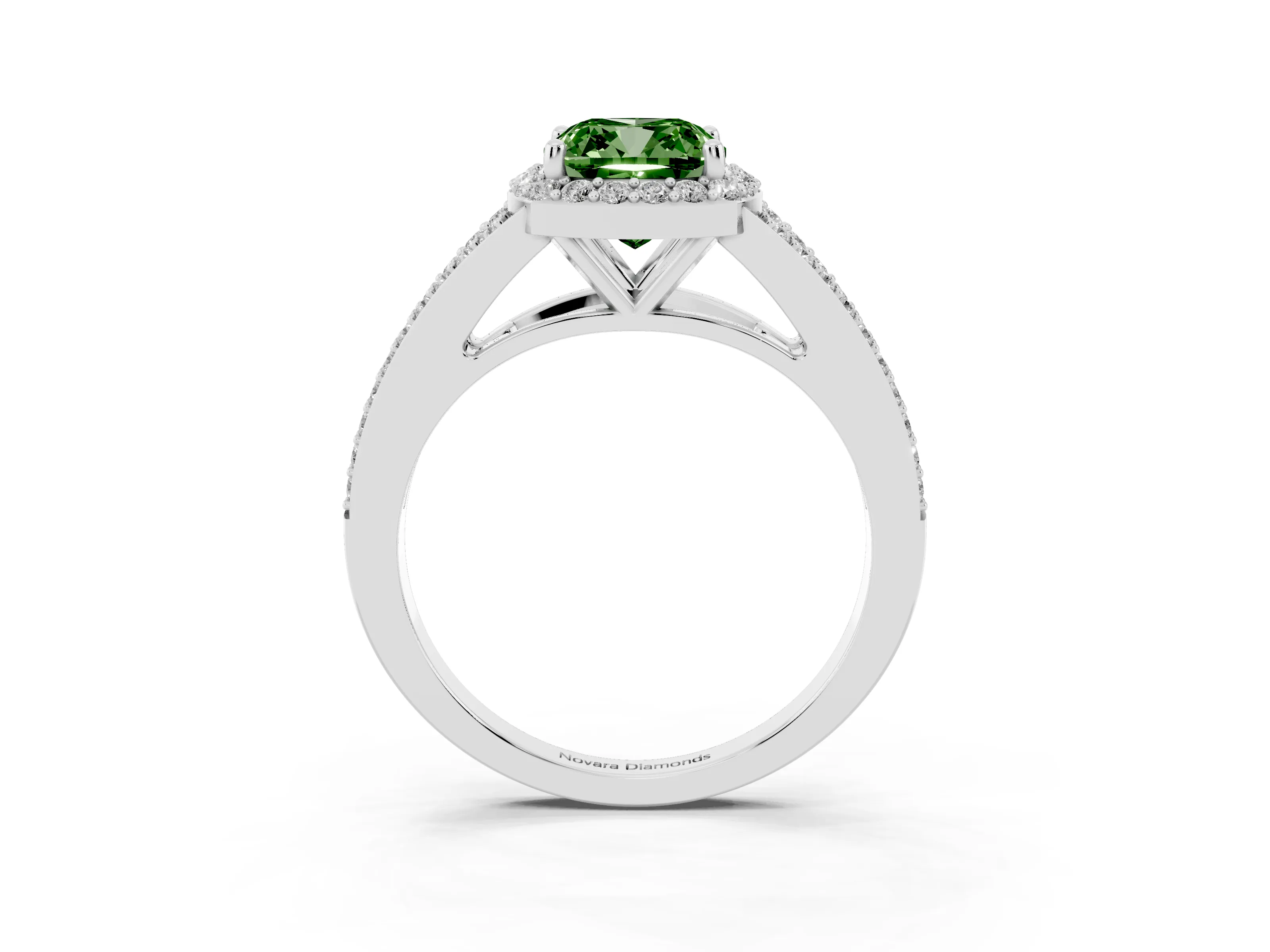 Fancy Green Cushion Cut Diamond Halo Split Shank Ring Set in White gold with Accent Stones and Prong Setting