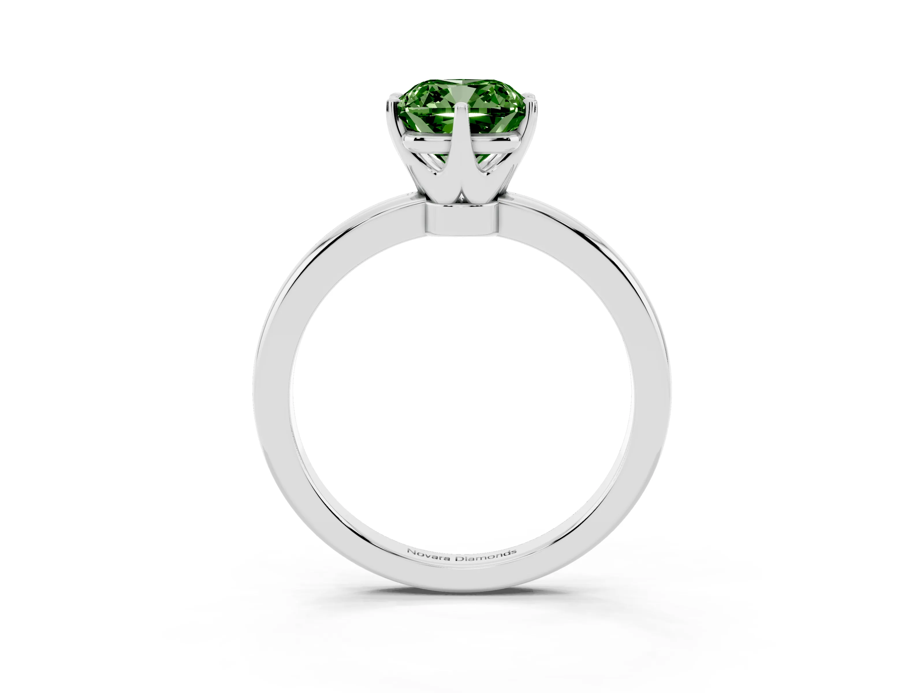Fancy Green Cushion Cut Diamond Solitaire Ring Set in Silver with Raised Prong Setting on a Classic Band