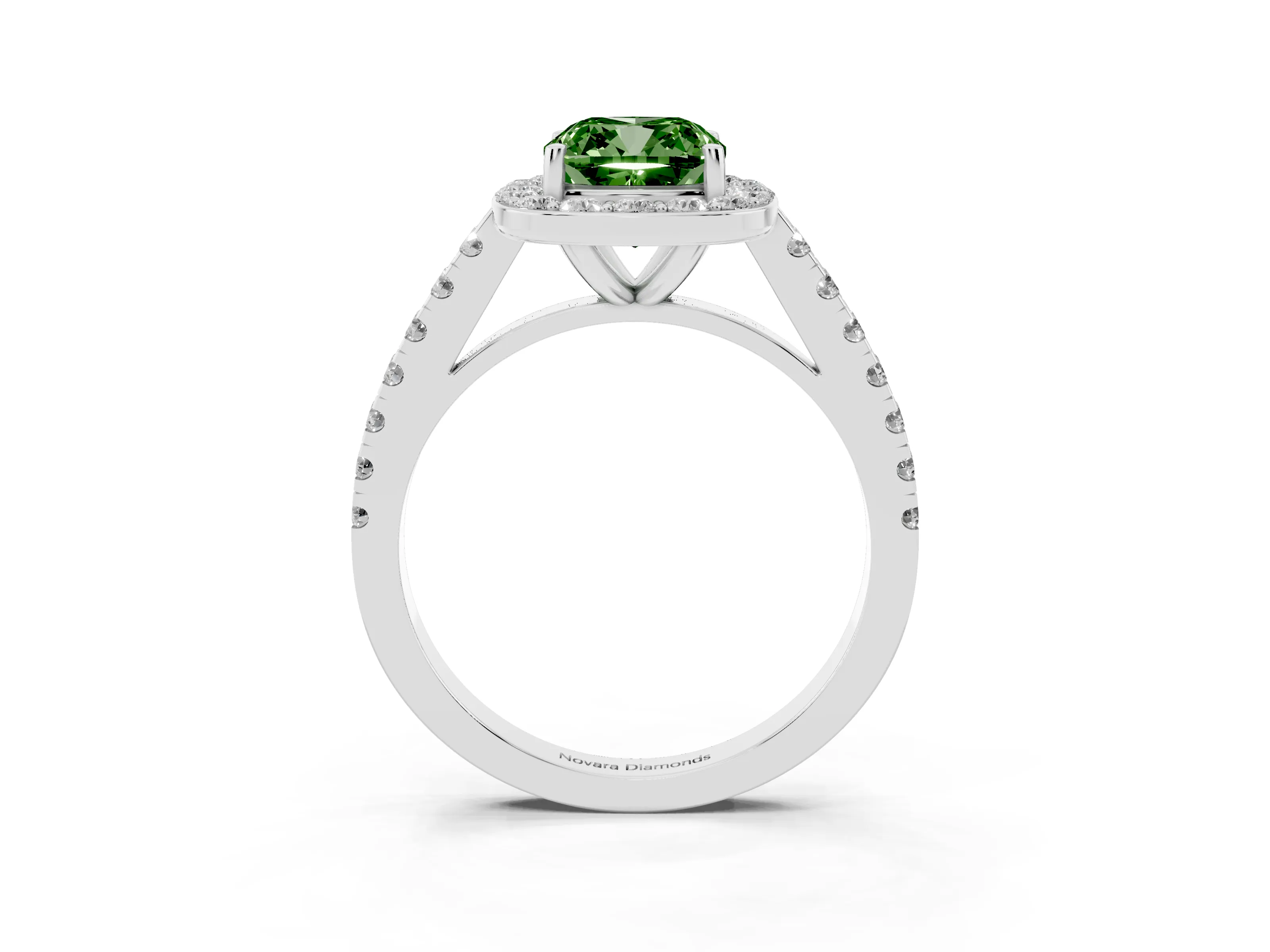 Fancy Green Cushion Cut Diamond Halo Ring Set in Platinum with Round Pavé Split Shank and Prong Setting