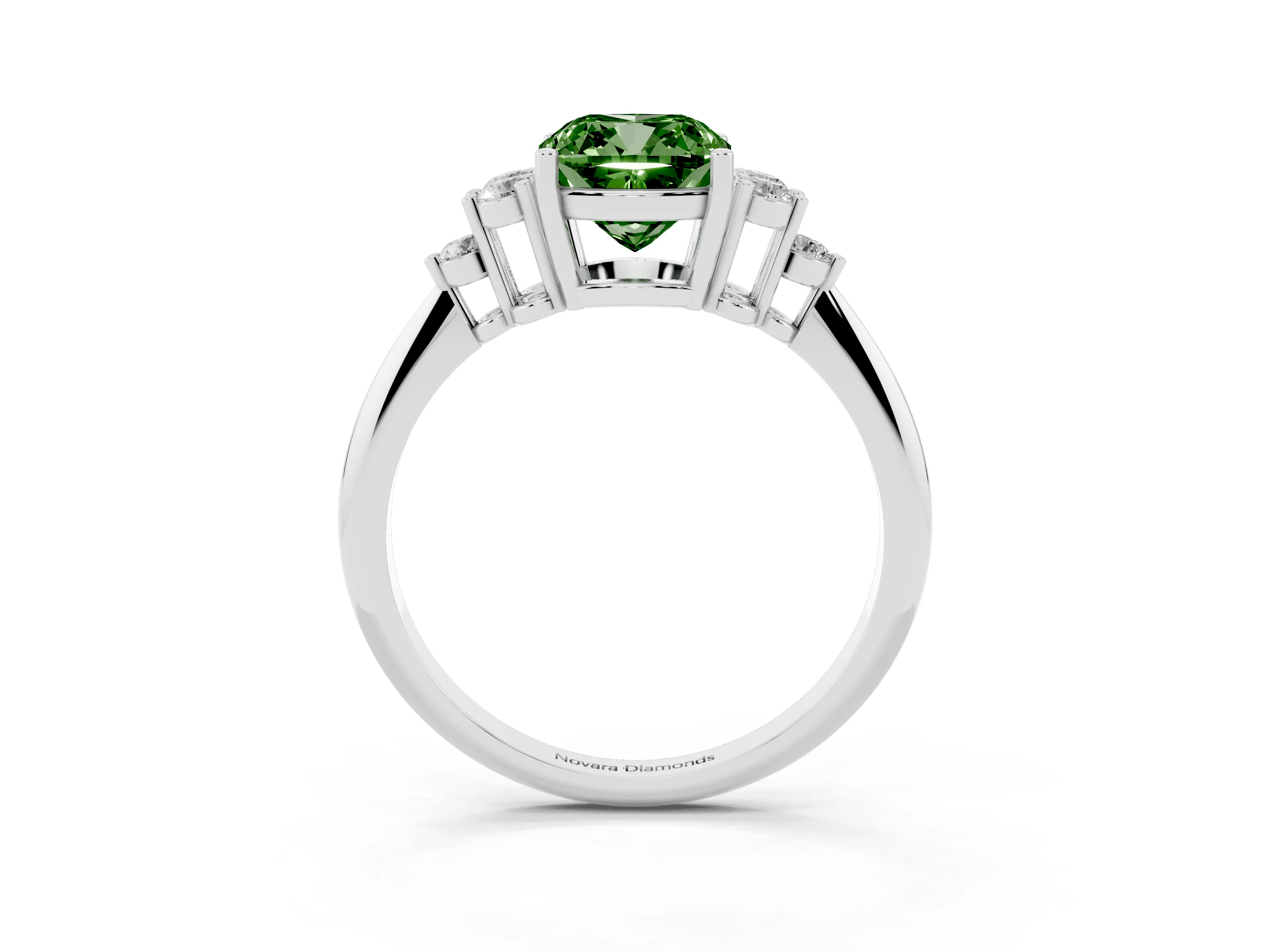 Fancy Green Cushion Cut Diamond Cluster Ring Set in White gold with Plain Band and Prong Setting