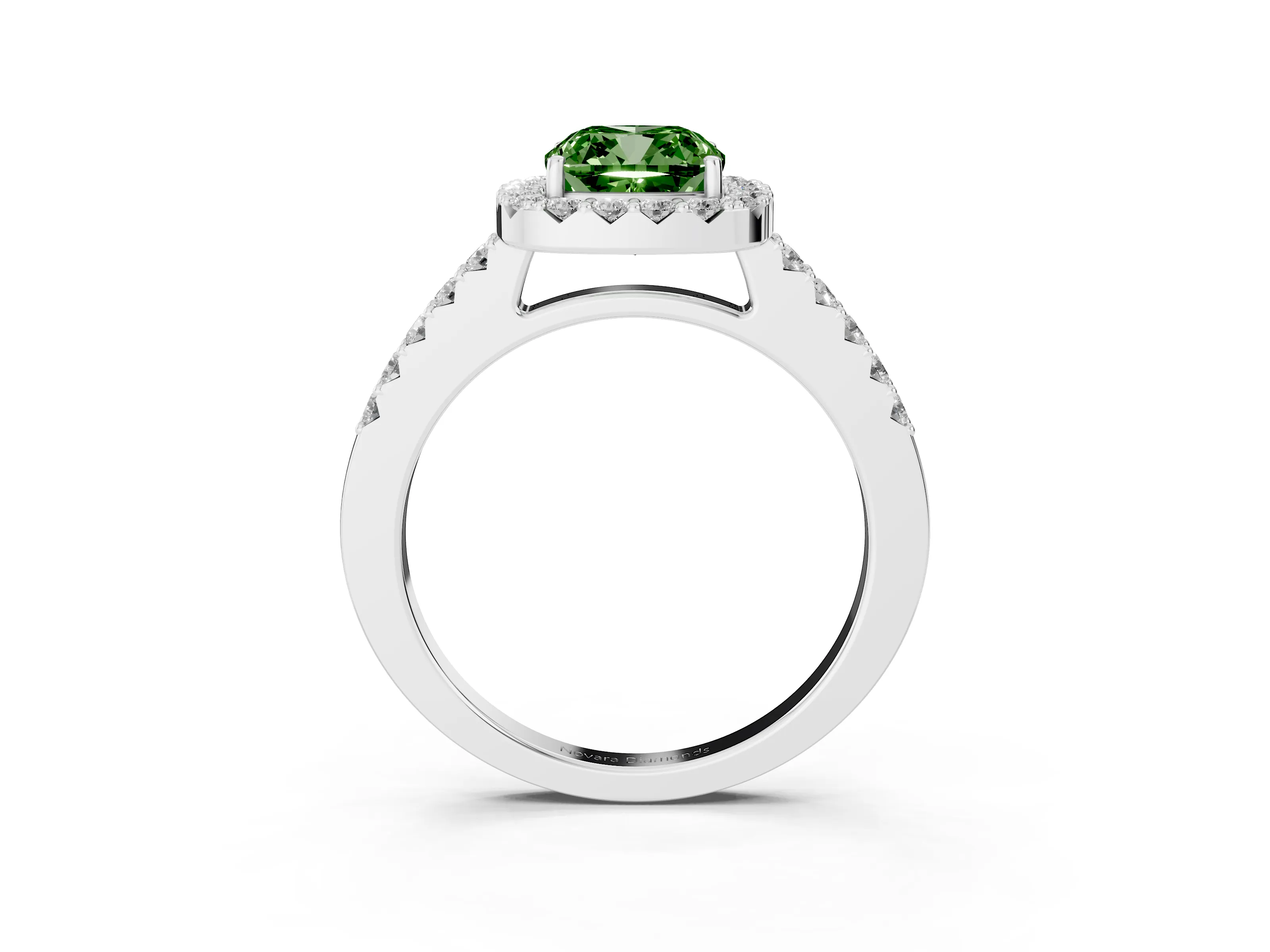 Fancy Green Cushion Cut Diamond Halo Pavé Solitaire Ring Set in Silver with Prong-Set Center Stone