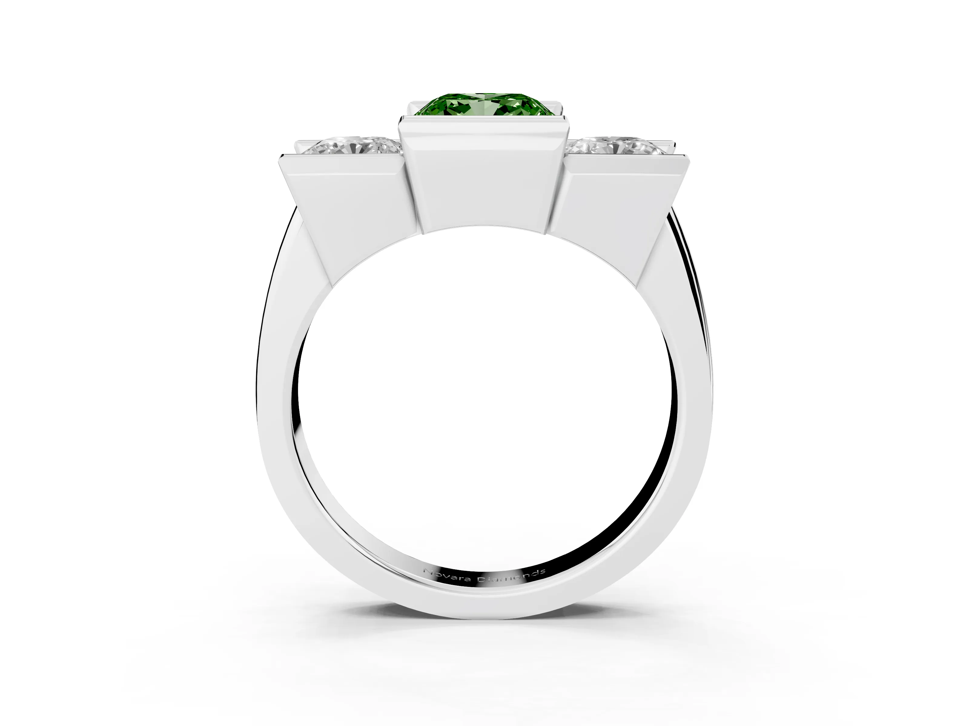 Fancy Green Cushion Cut Diamond Three-Stone Channel Set Ring Set in Platinum with Smooth Polished Band