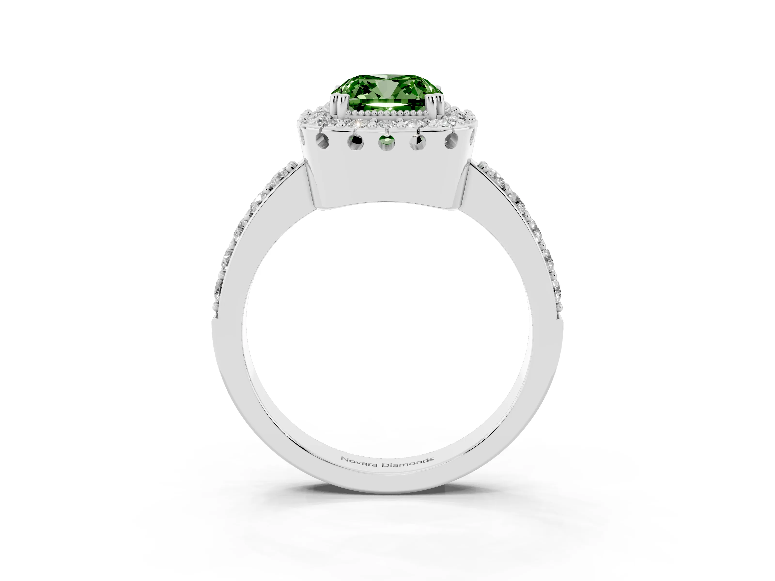Fancy Green Cushion Cut Diamond Halo Ring Set in White gold with Pavé Shank and Prong Setting