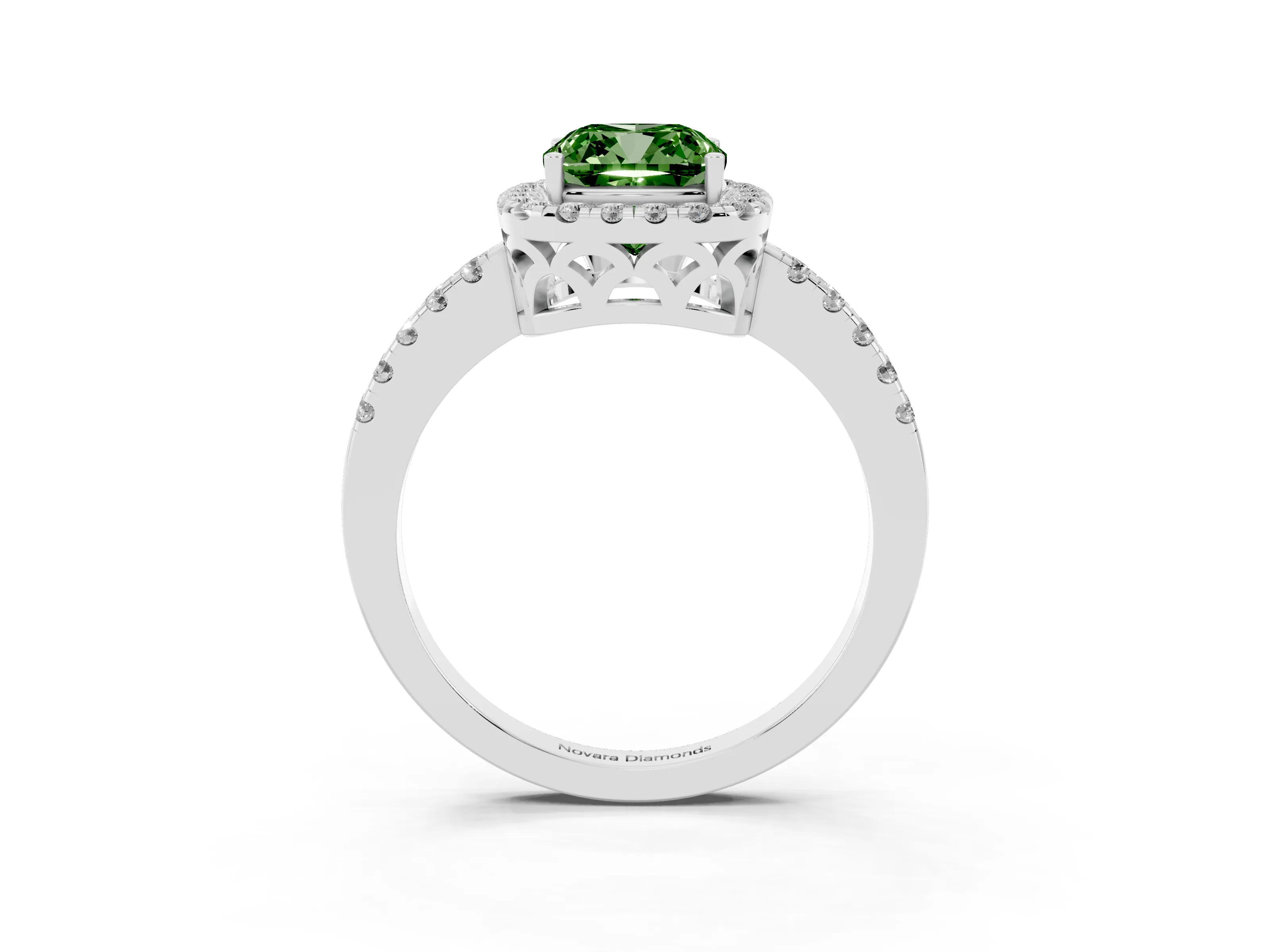Fancy Green Cushion Cut Diamond Pavé Band Halo Engagement Ring Set in Platinum with Prong Setting