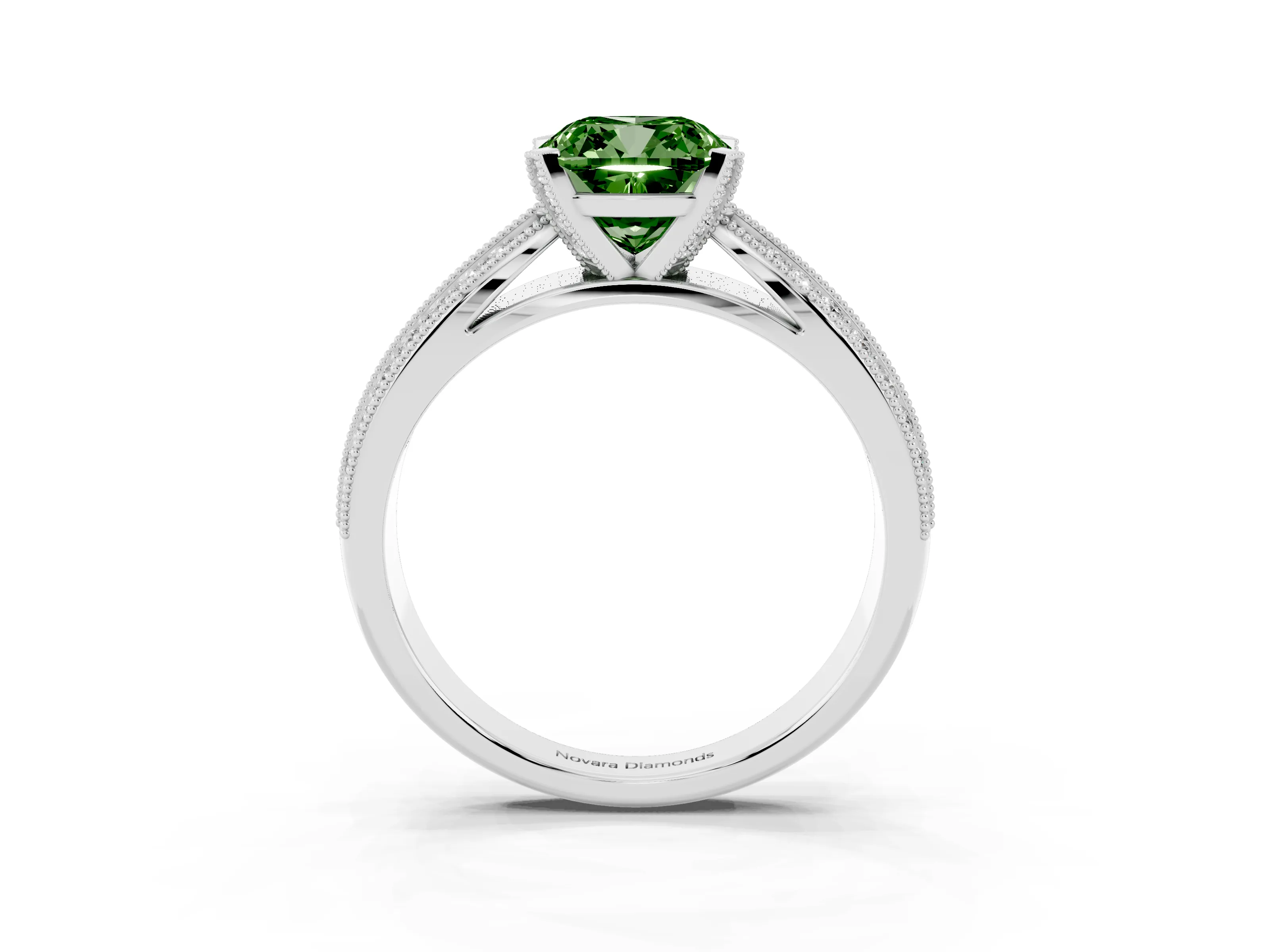Fancy Green Cushion Cut Diamond Solitaire Ring Set in Silver with Milgrain Double Row Round Pavé Band