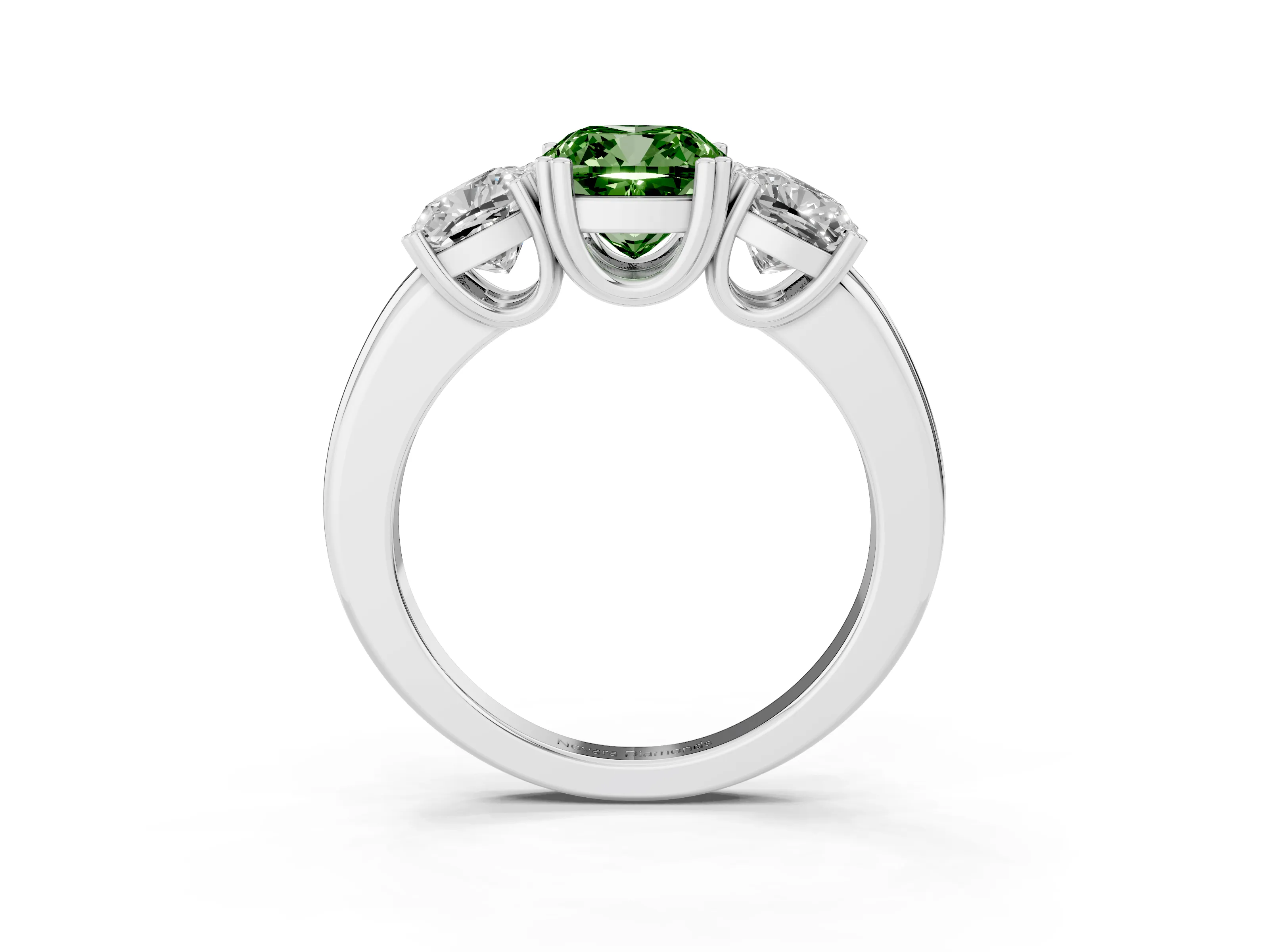 Fancy Green Cushion Cut Diamond Three-Stone Ring Set in Silver with Polished Band and Prong Setting