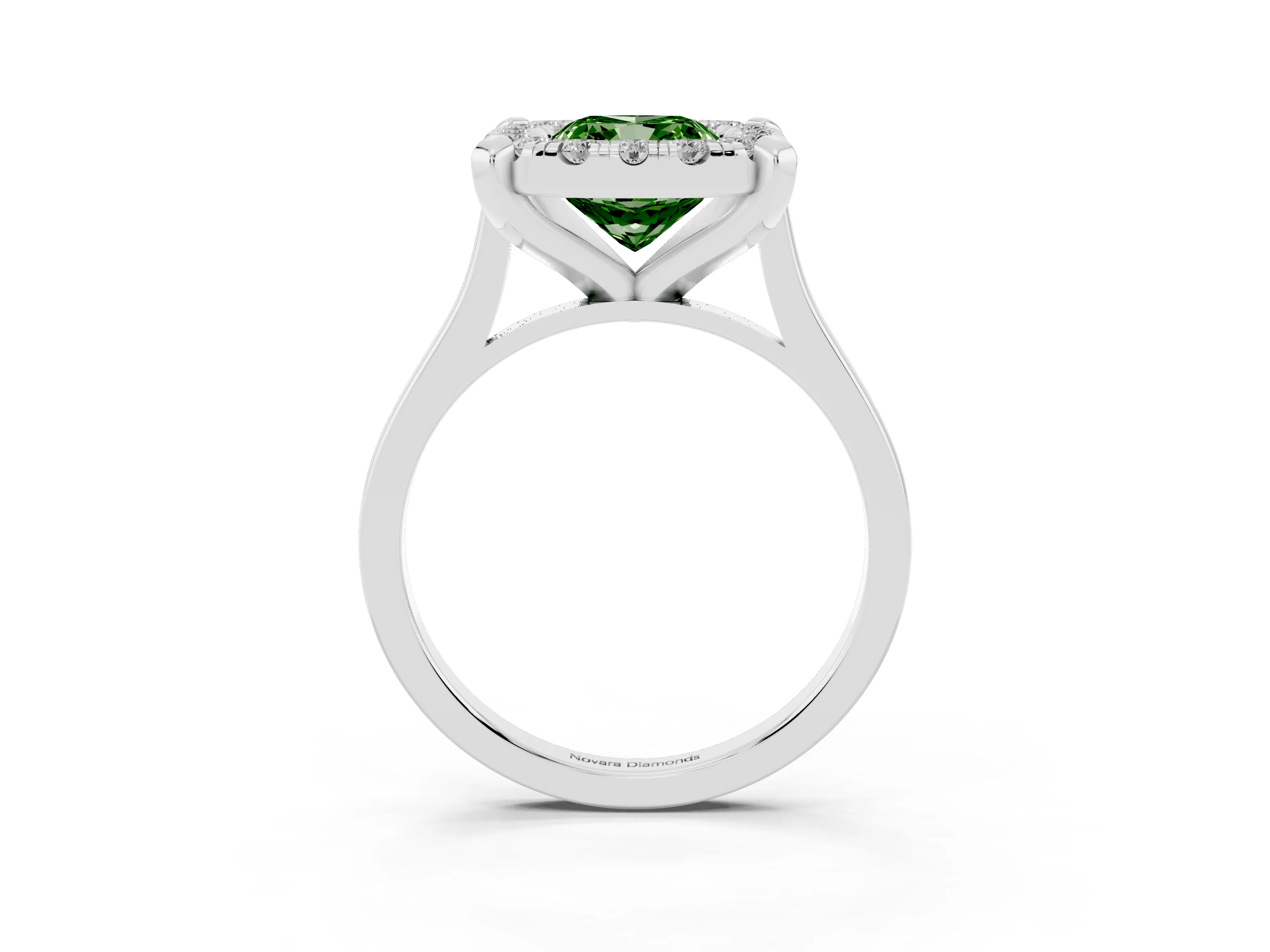 Fancy Green Cushion Cut Diamond Cluster Halo Solitaire Ring Set in Silver with Prong Setting