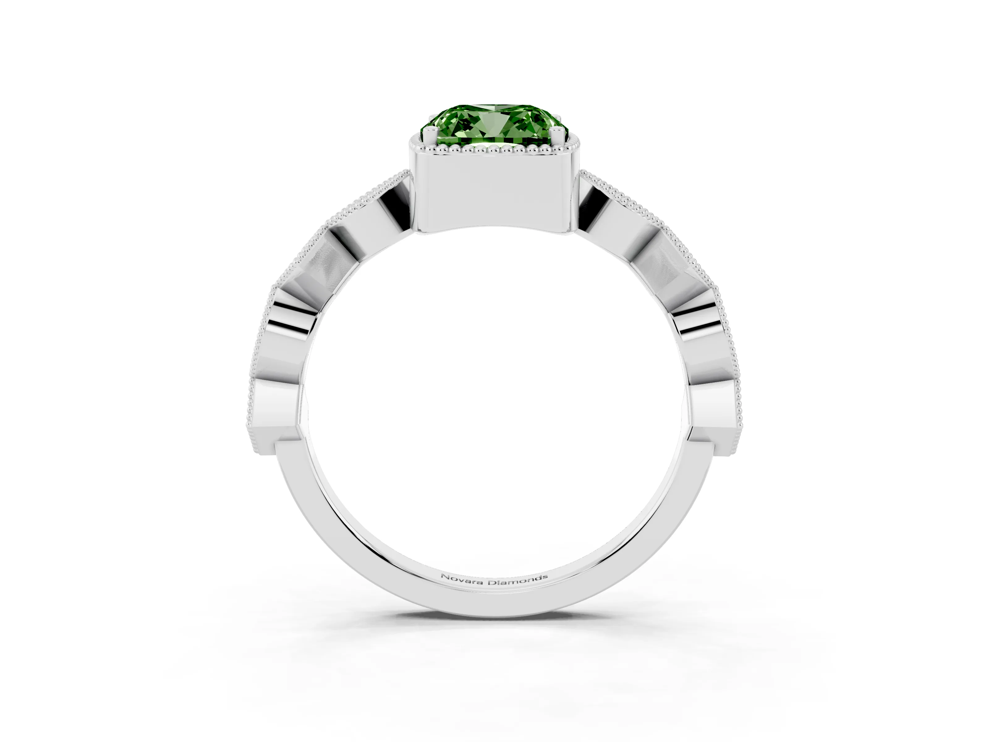 Fancy Green Cushion Cut Diamond Milgrain Marquise Twist Band Ring Set in White gold with Prong Setting