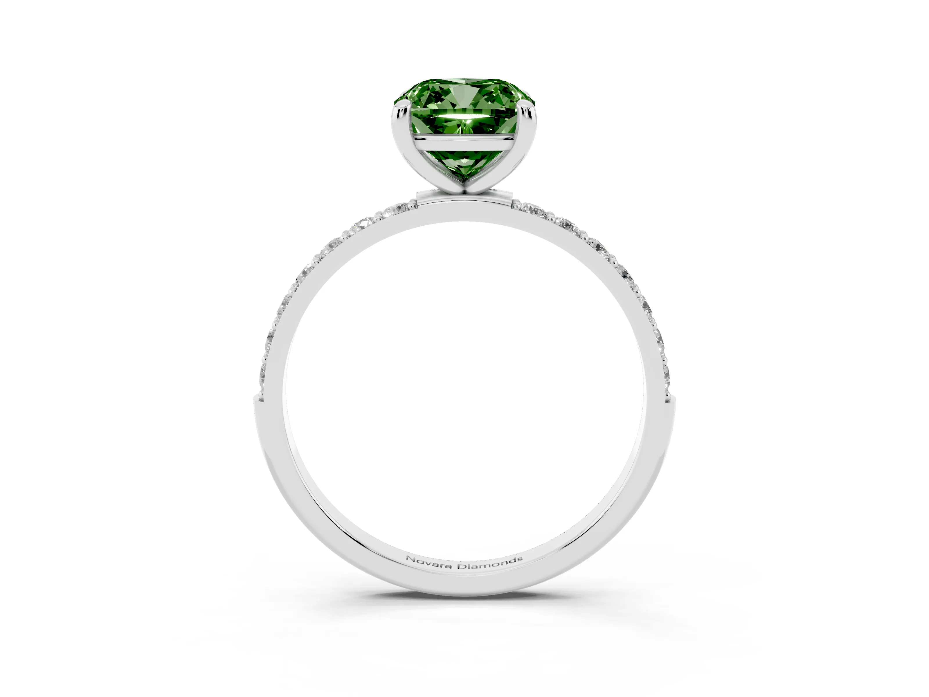Fancy Green Cushion Cut Diamond Solitaire Ring Set in Silver with Round Pavé Band and Prong Setting