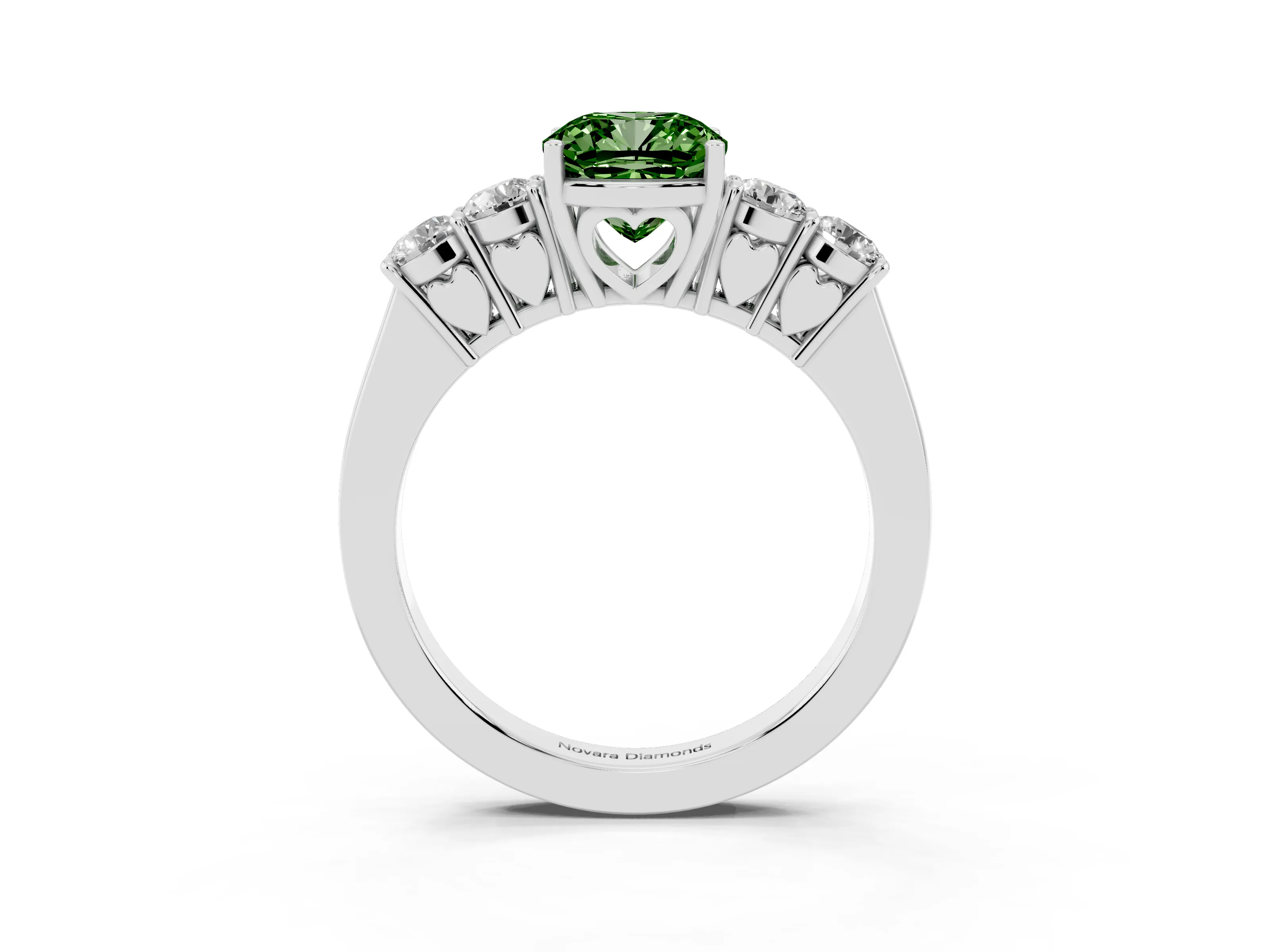 Fancy Green Cushion Cut Diamond Five-Stone Prong Set Band Ring Set in White gold with Polished Band