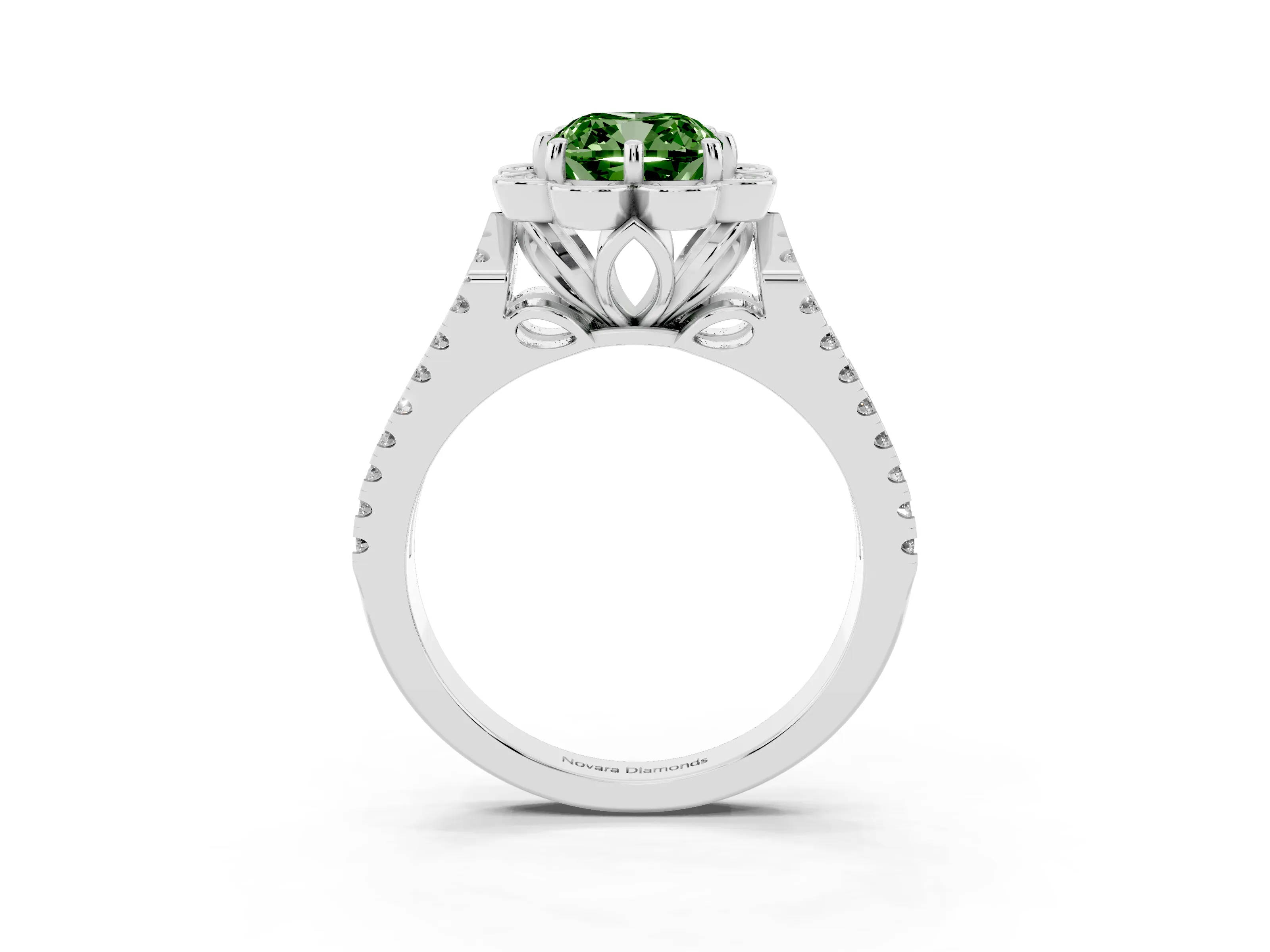Fancy Green Cushion Cut Diamond Floral Halo Split Shank Engagement Ring Set in White gold with Pavé Shank