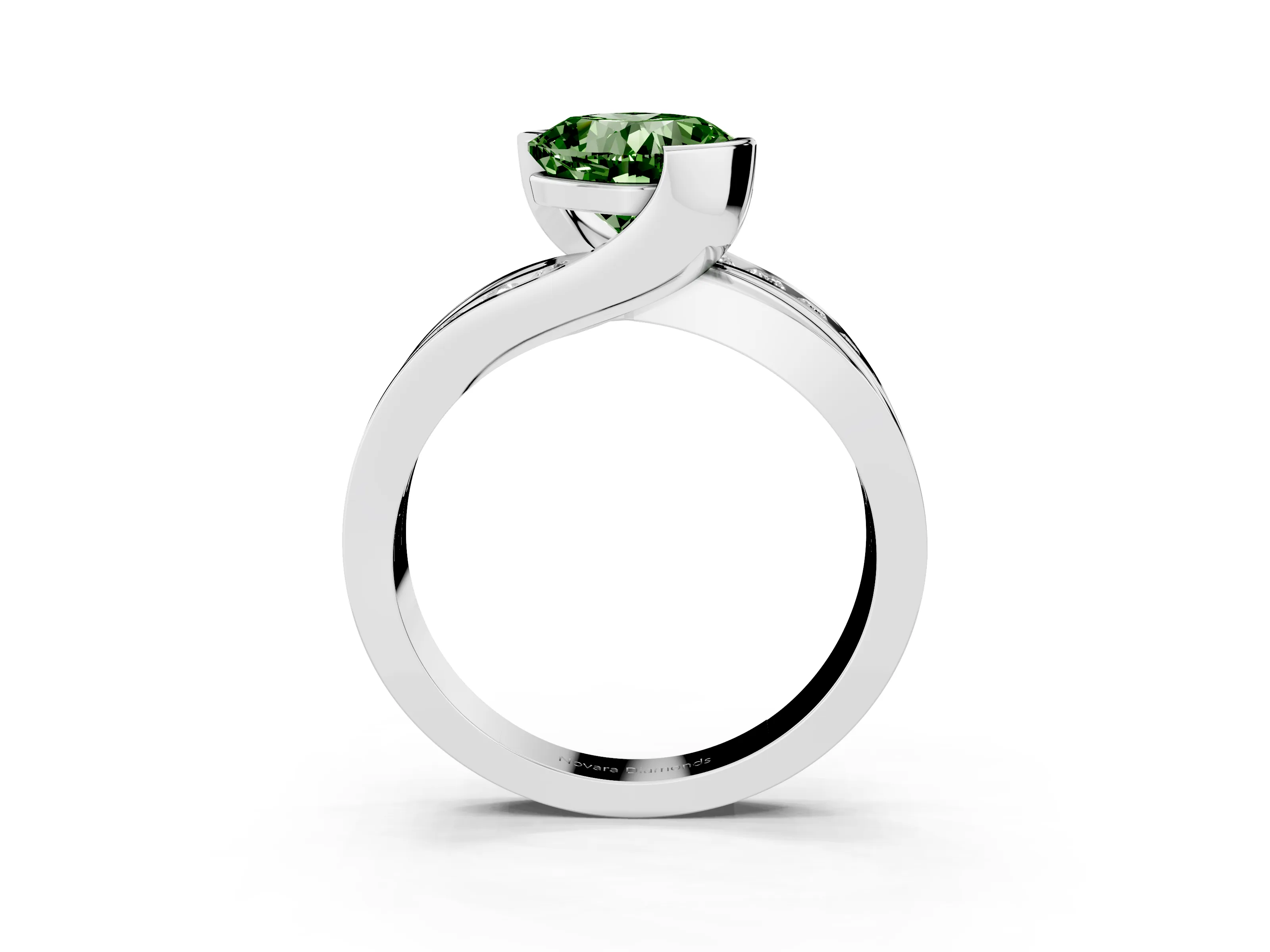 Fancy Green Cushion Cut Diamond Solitaire Ring Set in White gold with Channel Set Split Shank and Tension Prongs
