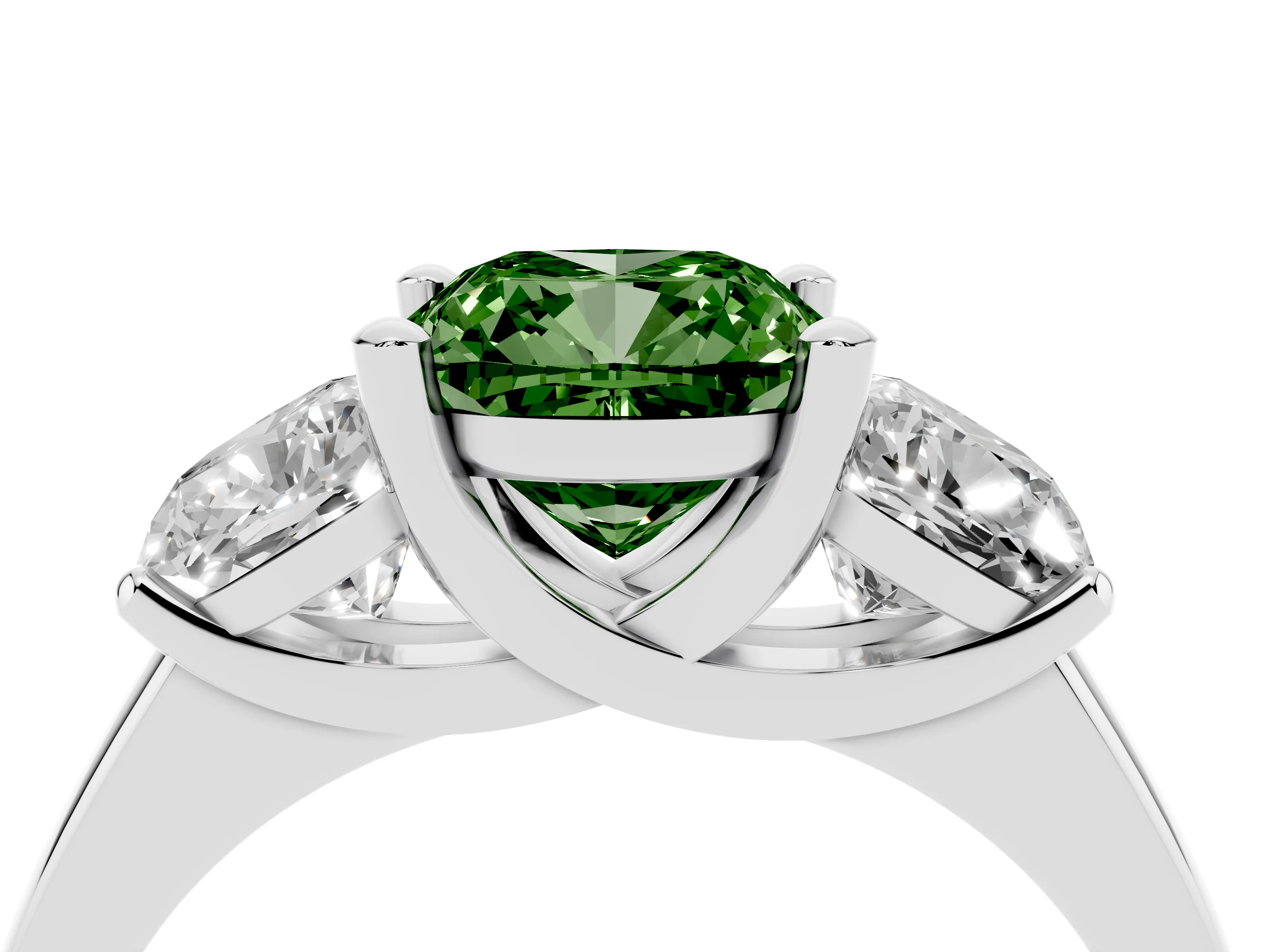 Fancy Green Cushion Cut Diamond Three-Stone Ring Set in White gold with Classic Prong Setting and Plain Band