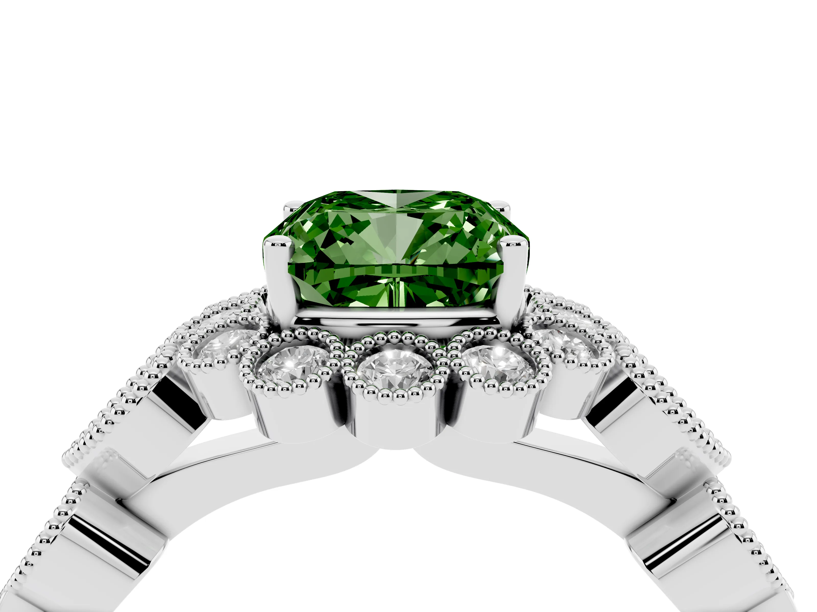 Fancy Green Cushion Cut Diamond Solitaire Ring Set in White gold with Milgrain Pavé Heart Band