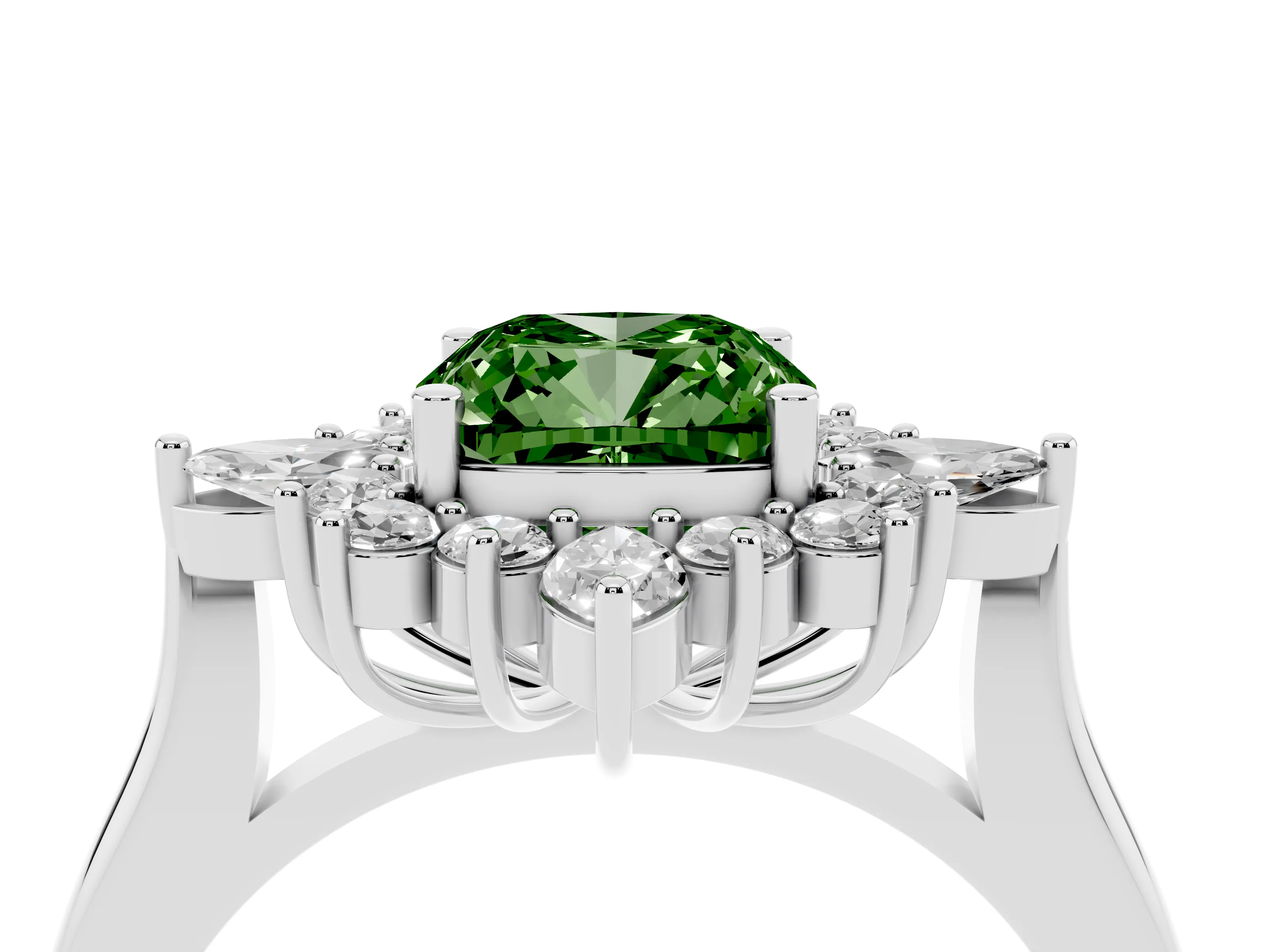 Fancy Green Cushion Cut Diamond Cluster Halo Ring Set in Platinum with Marquise and Round Accents