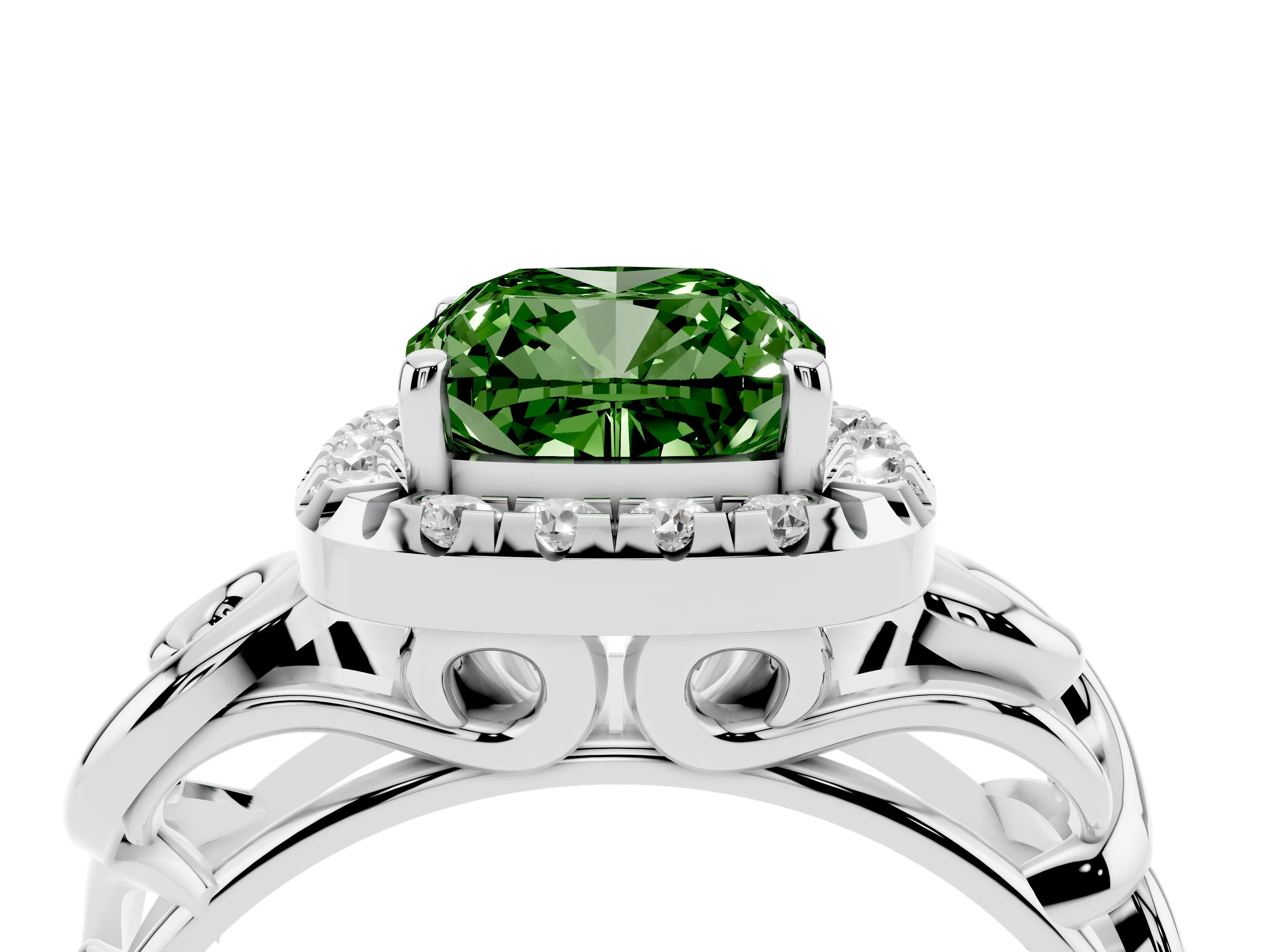 Fancy Green Cushion Cut Diamond Halo Ring Set in Platinum with Scrollwork Band and Prong Setting